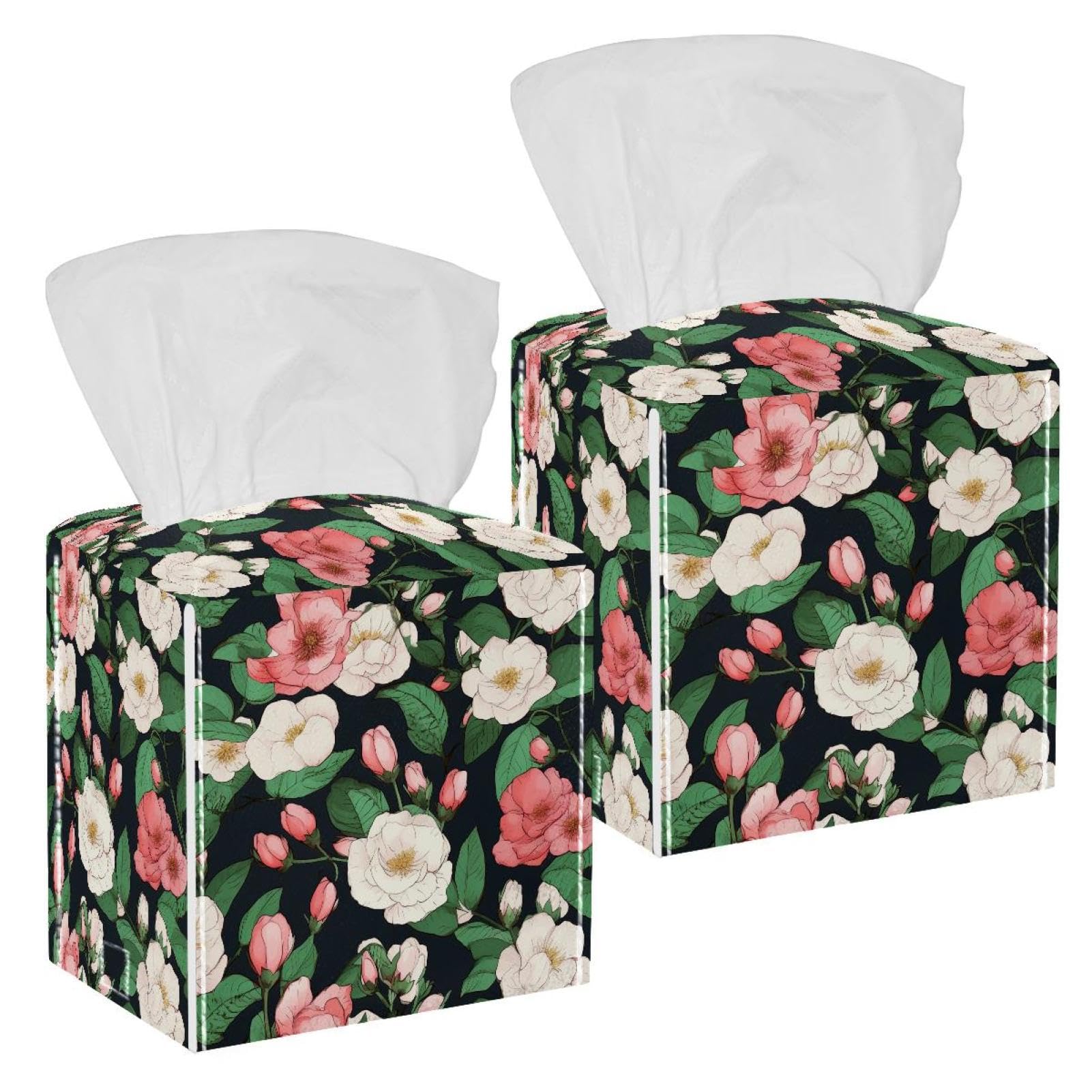 Camellias Print Tissue Box Cover, 2 Pack PU Leather Square Facial Tissue Dispenser Box holder for Home Office Car