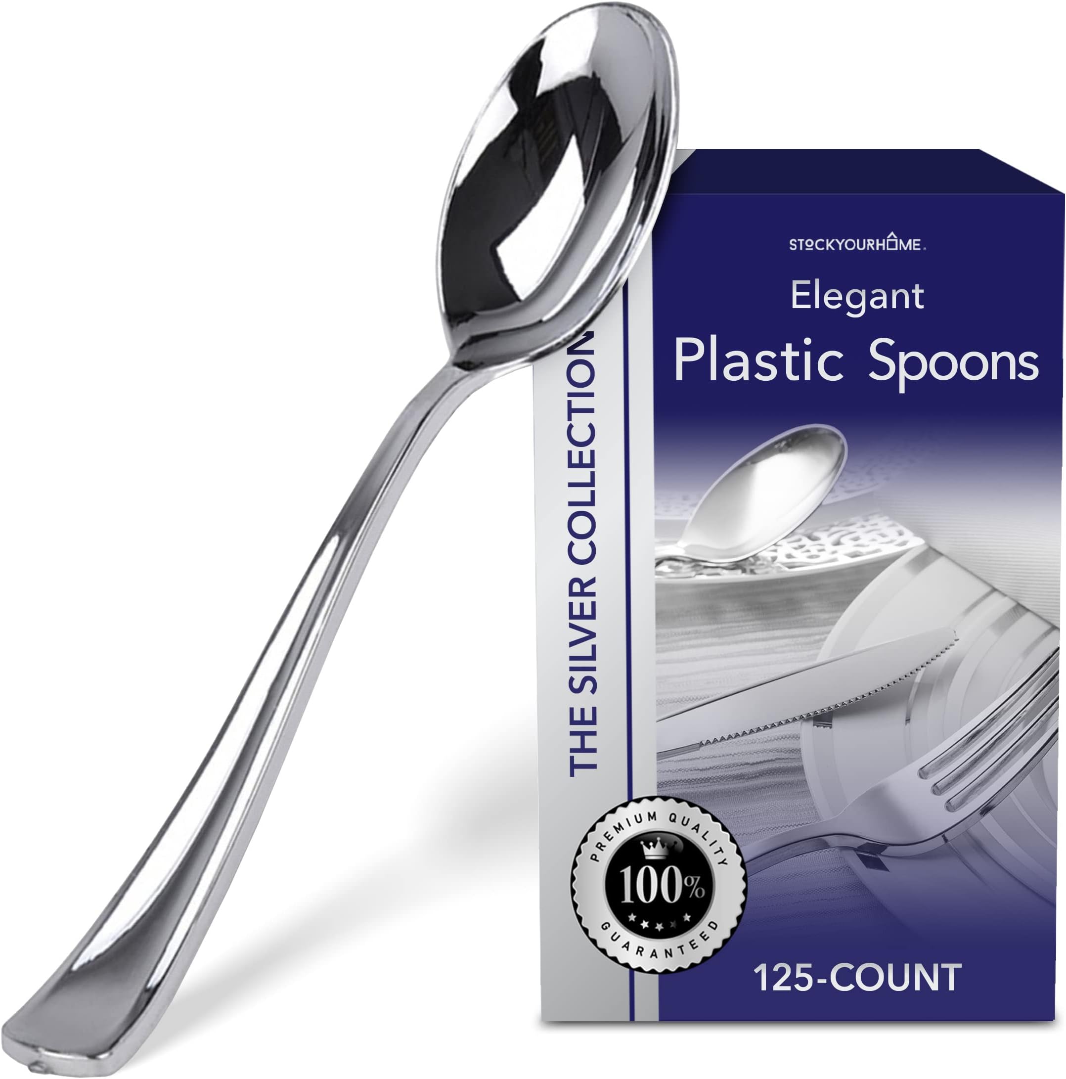 Stock Your Home 125 Disposable Heavy Duty Plastic Spoons, Fancy Plastic Silverware Looks Like Real Cutlery - Utensils Perfect for Catering Events, Restaurants, Parties and Weddings (Silver)