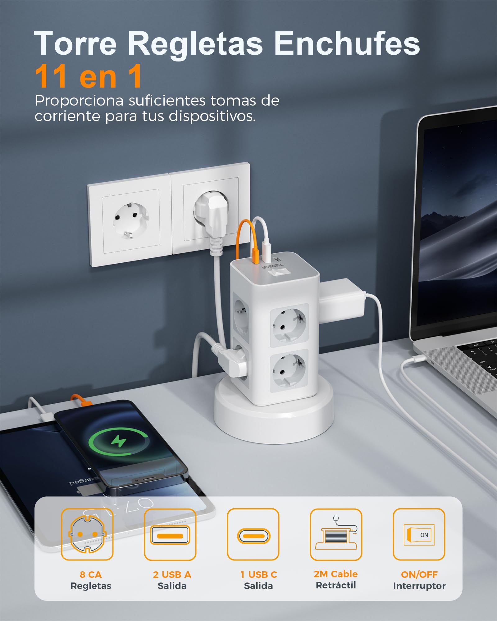TESSAN Regleta Enchufes con USB C, 11 en 1 Regleta Vertical con Interruptor, Torre Alargador Enchufe con Cable de Extensión Retráctil 2M, 2500W, Gris