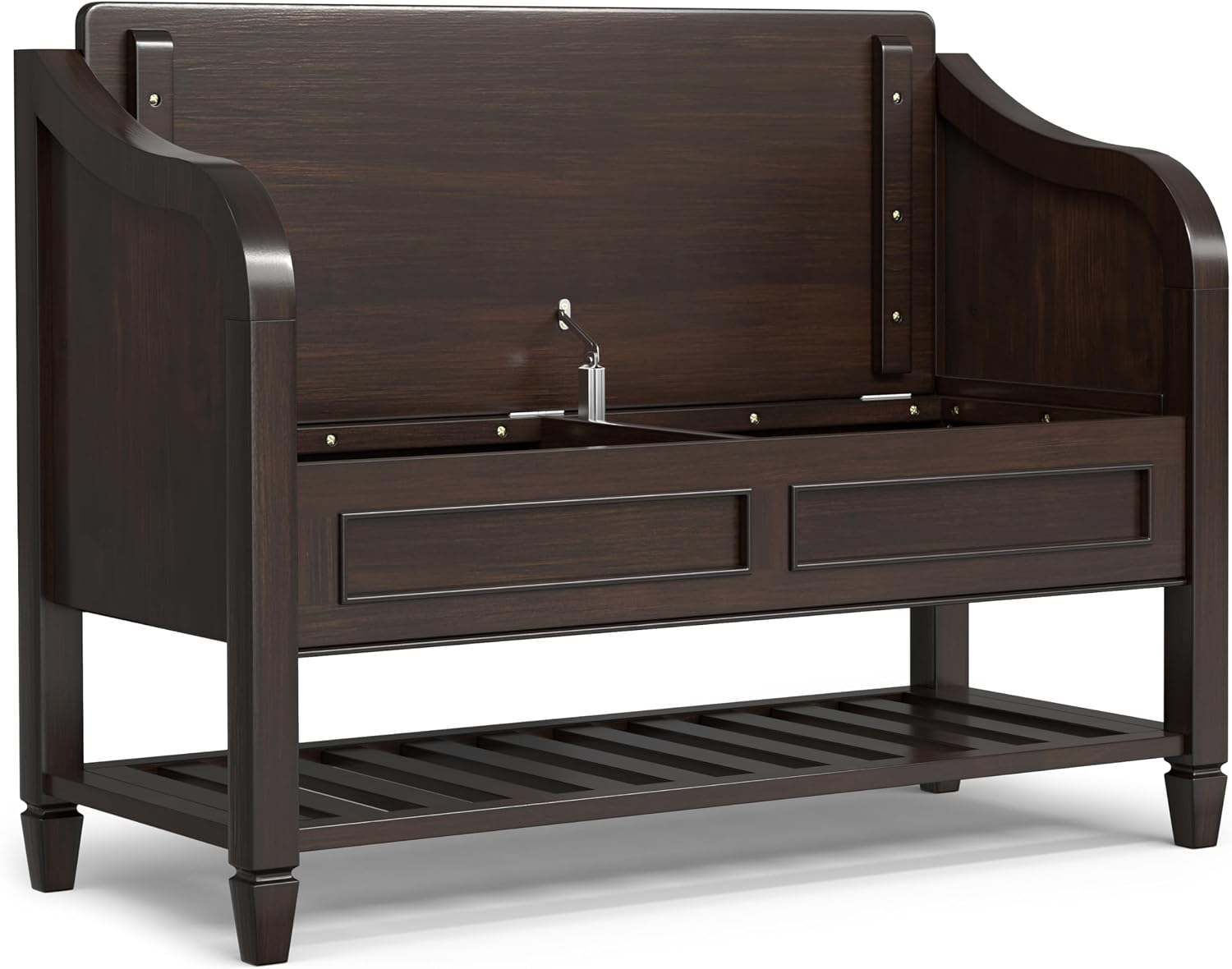 SIMPLIHOME Connaught SOLID WOOD 42 inch Wide Traditional Entryway Storage Bench with Shelf in Chestnut Brown for the Living Room, Entryway and Family Room