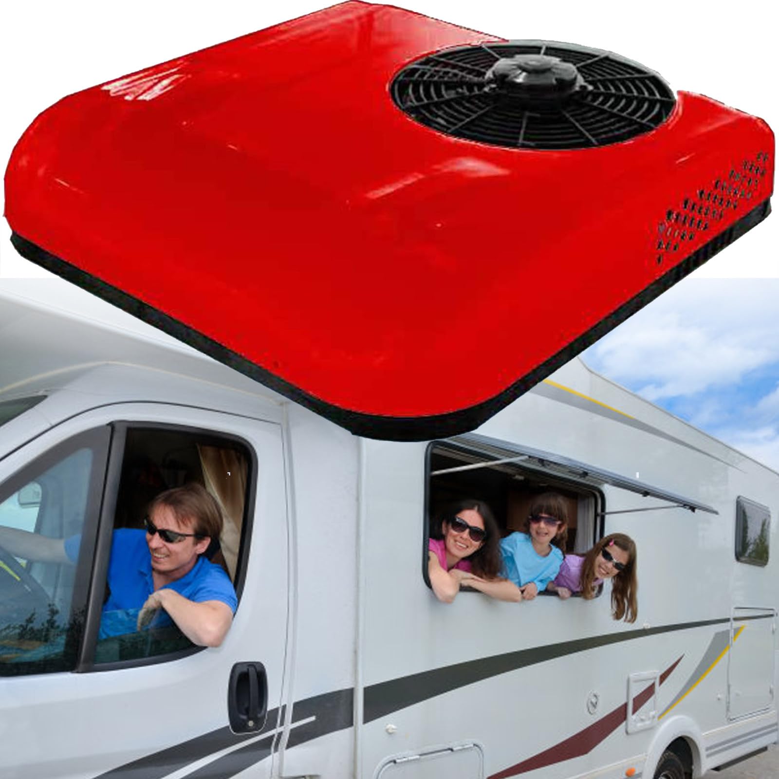 Condizionatore D'aria per Camper 12V/24V CC, Condizionatore D'aria per Tetto Camper 2 in 1 Con Funzioni Raffreddamento, Aria Condizionata Parcheggio per Auto Camper,Red-12V