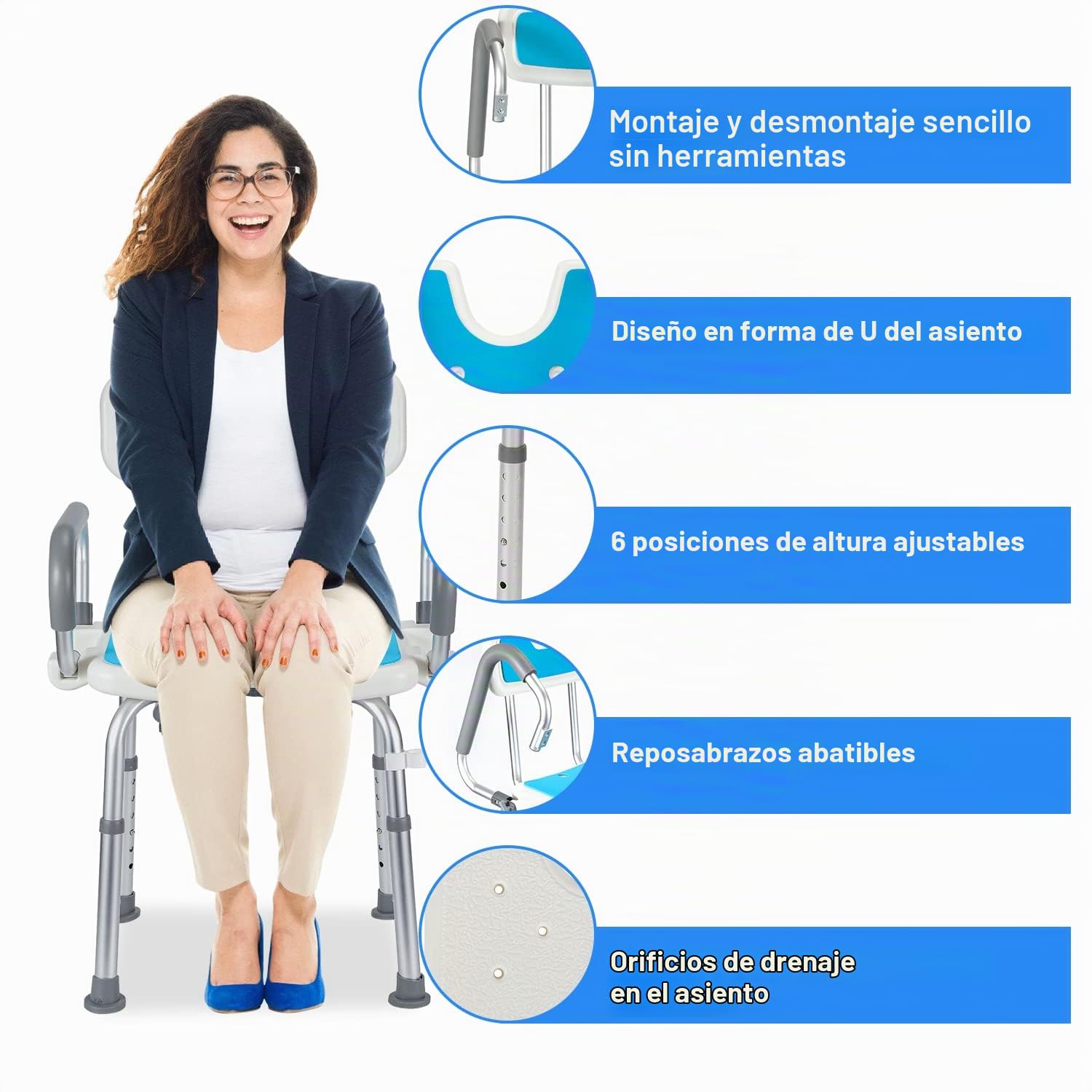 Silla de Ducha con Respaldo y Reposabrazos, Taburete de Baño, Taburete de Ducha Asiento de Ducha Regulable en Altura, Asiento de Baño de Aluminio para Personas Mayores, Antideslizante