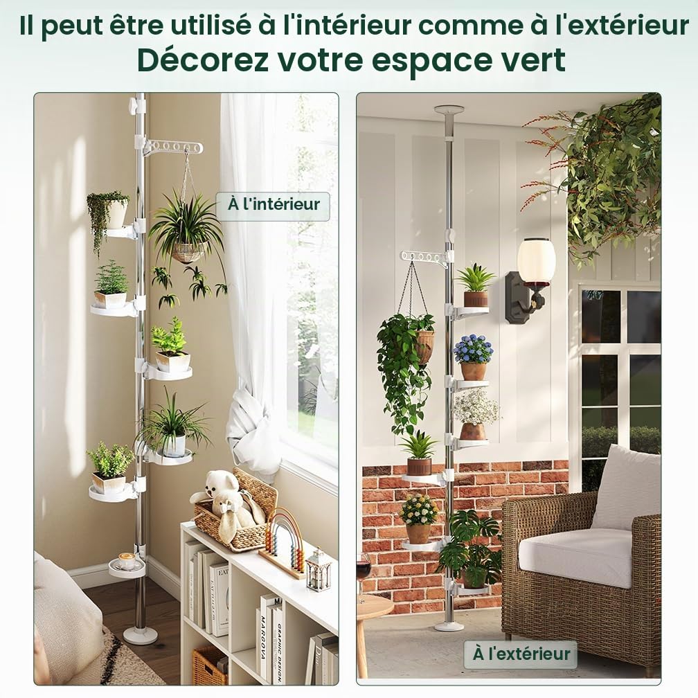 Hershii Pied de tension à 7 couches pour plantes - Décoration d'intérieur - Support de pot de fleurs en métal - Support de présentation du sol au plafond - Économie d'espace - Ivoire