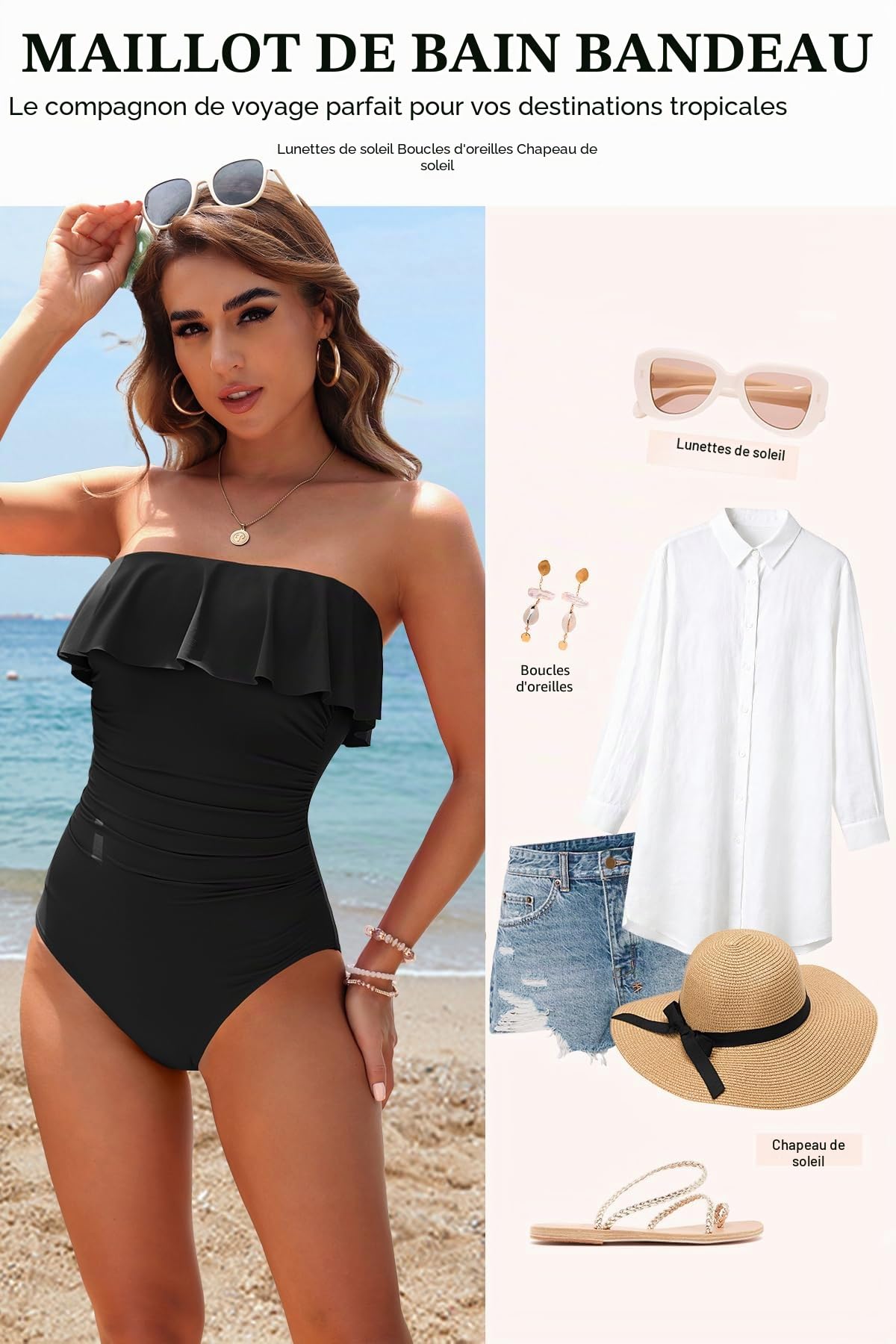 Holipick Maillot de bain une pièce sans bretelles pour femme - Gainant - Bandeau à volants - Maillot de bain amincissant
