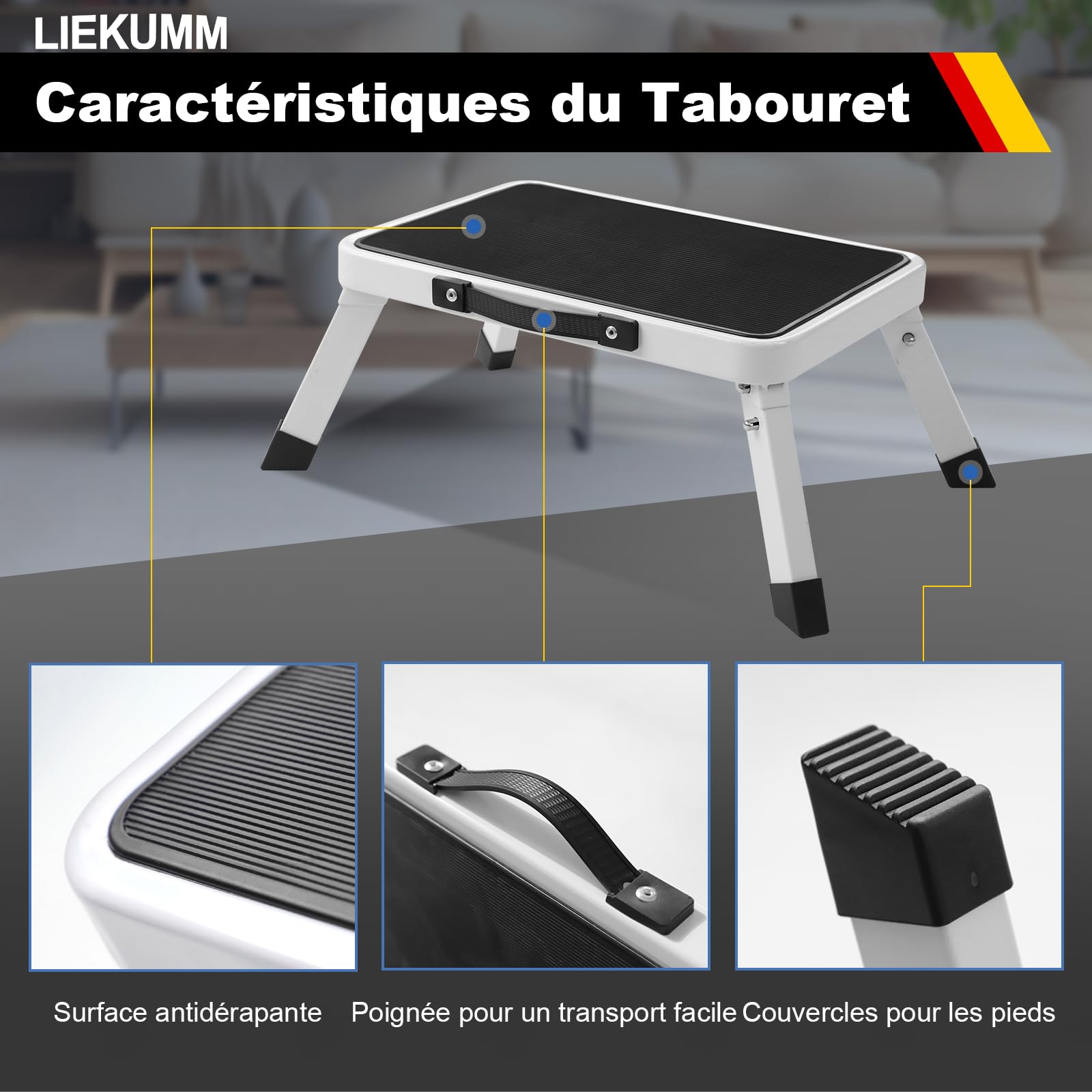 LIEKUMM Tabouret portable, échelle pliante à une étape, plate-forme de travail en marches, plate-forme de travail pour camping-car, garage, cuisine, bureau, blanc, capacité 150 kg