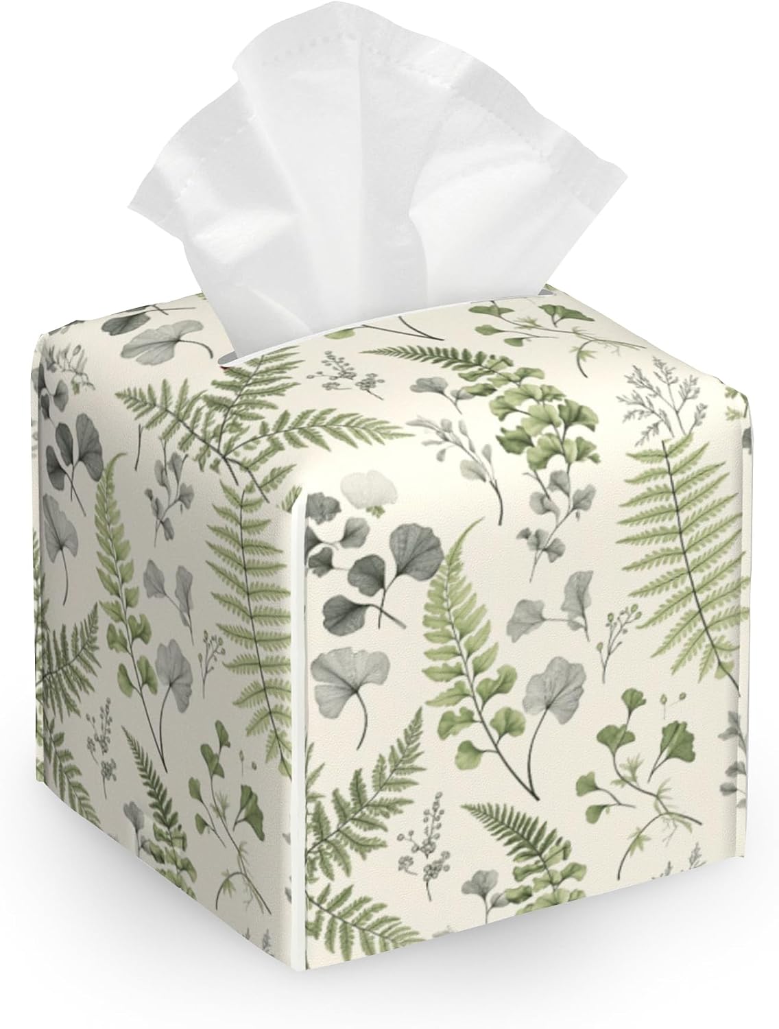 Tissue Box Cover,Green Leaves Fern Leather Tissue Holder Organizer Portable Square Decorative Facial Paper Case for Home Office Bathroom Vanity Countertop