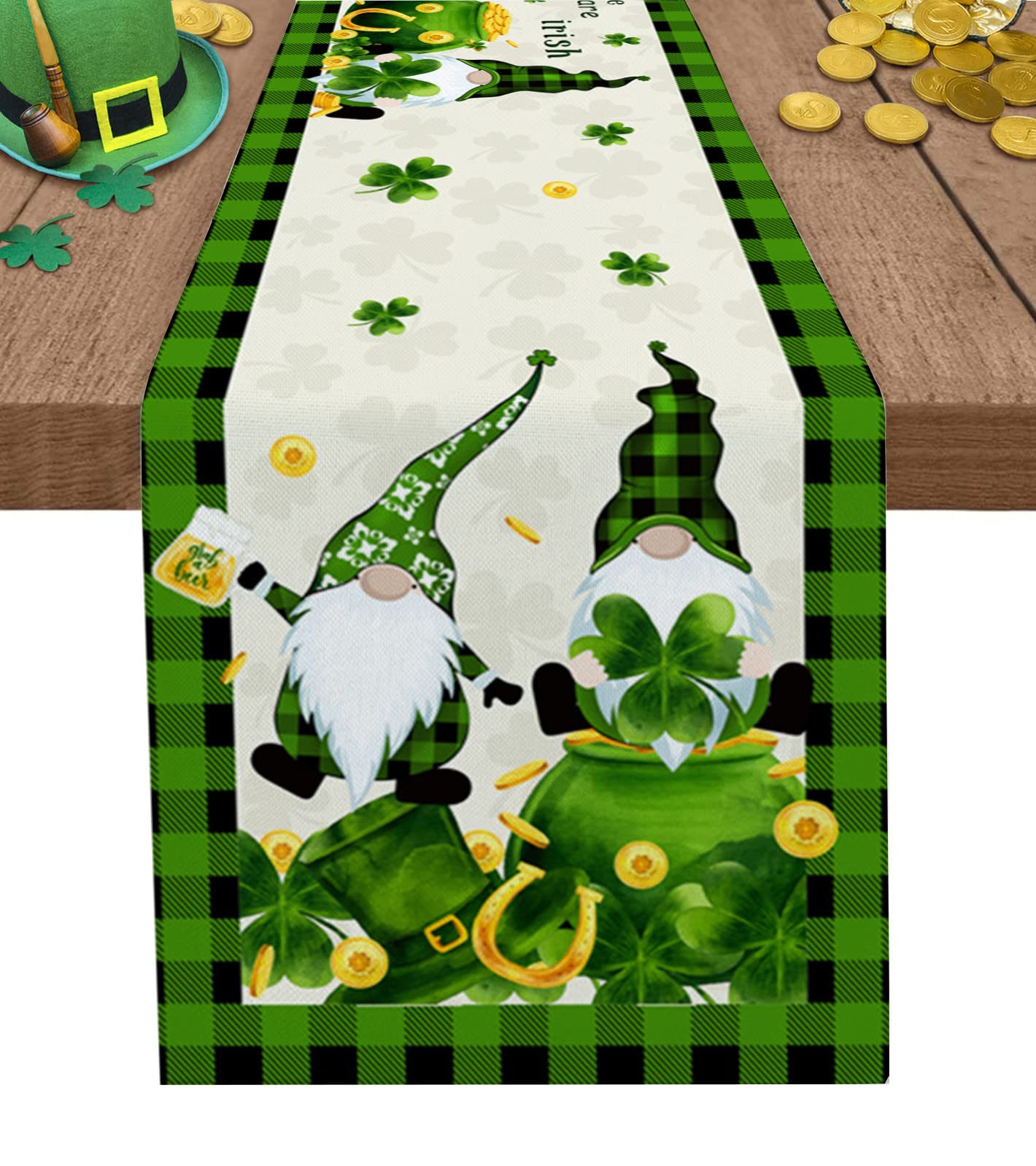 St Patrick Table Runner 36 inches Long St.Patrick's Day Lucky Shamrock Gnomes Green Buffalo Plaid Kitchen Table Runner for Dining Table Cotton Linen Table Runners for Party Home Decoration 13x36in