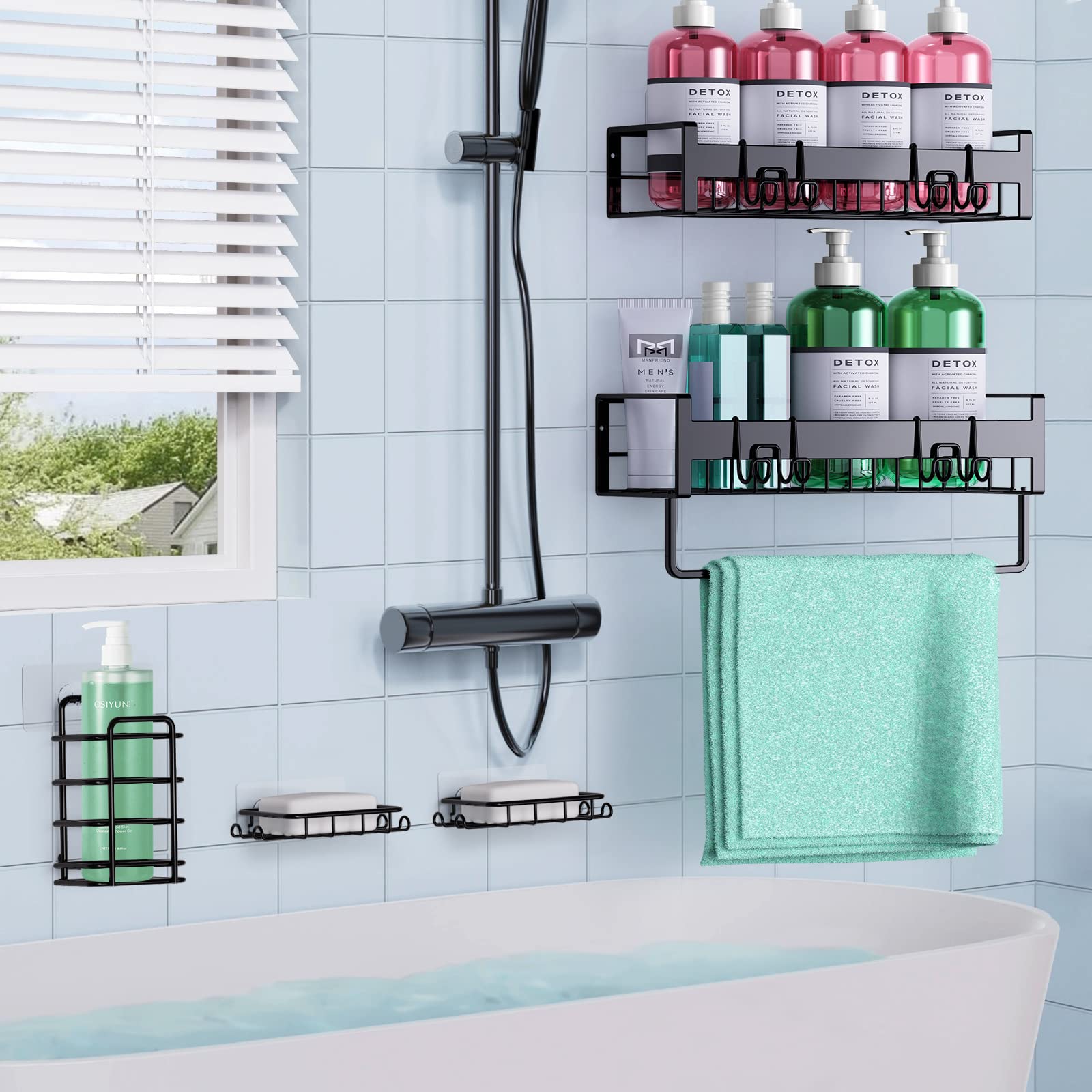 IKSOO 5-Piece Shower Caddy Set - Large 12.5in Adhesive Shelves, Stainless Steel With Extra Hooks, No Drill Needed - View #11
