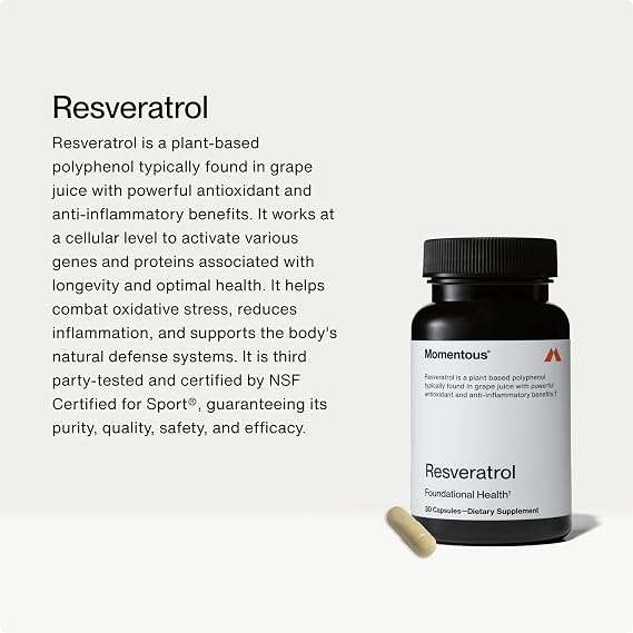 Momentous Resveratrol Supplement 450 mg - Trans-Resveratrol for Healthy Aging, Brain, Heart Support - NSF Certified for Sport - GMO- & Gluten-Free - 30 Servings