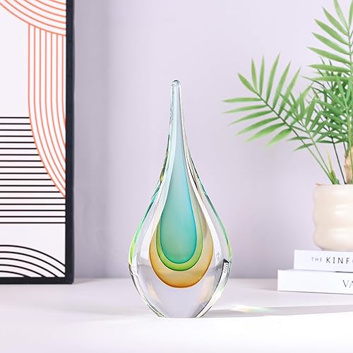 Miniatura 3 de DOVDOV Escultura de vidrio soplado, estatua de lágrima de arte de vidrio verde claro, decoración temática única del océano para oficina, estantería,
