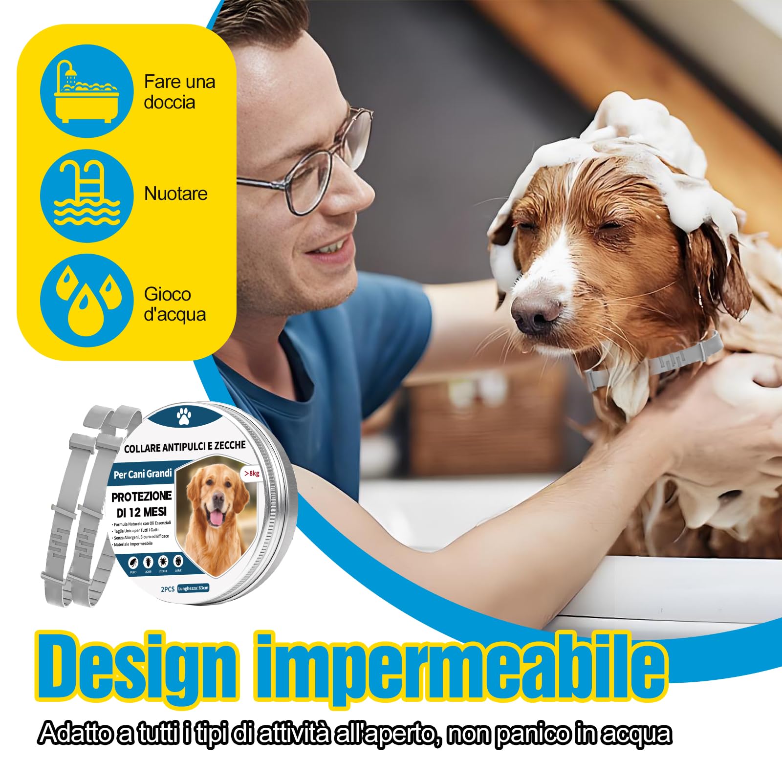 2 Pezzi Antiparassitario Per Cani,Collare Antipulci per Cane,Realizzato Con Oli Essenziali Naturali, Sicuro ed Efficace, Universale per Cani e Gatti,Protegge per 12 Mesi (cani di grossa taglia)