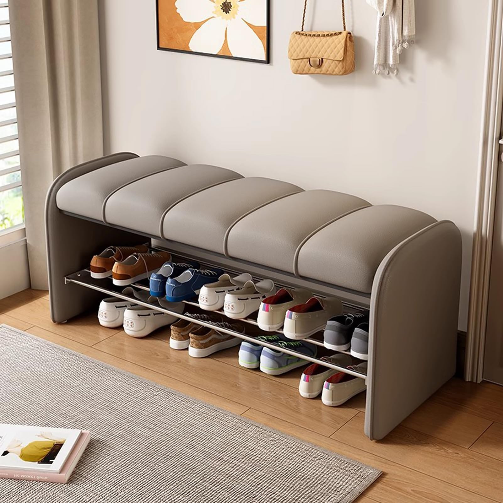 Pouf à chaussures à 2 niveaux pour une entrée ordonnée et accueillante chaque jour