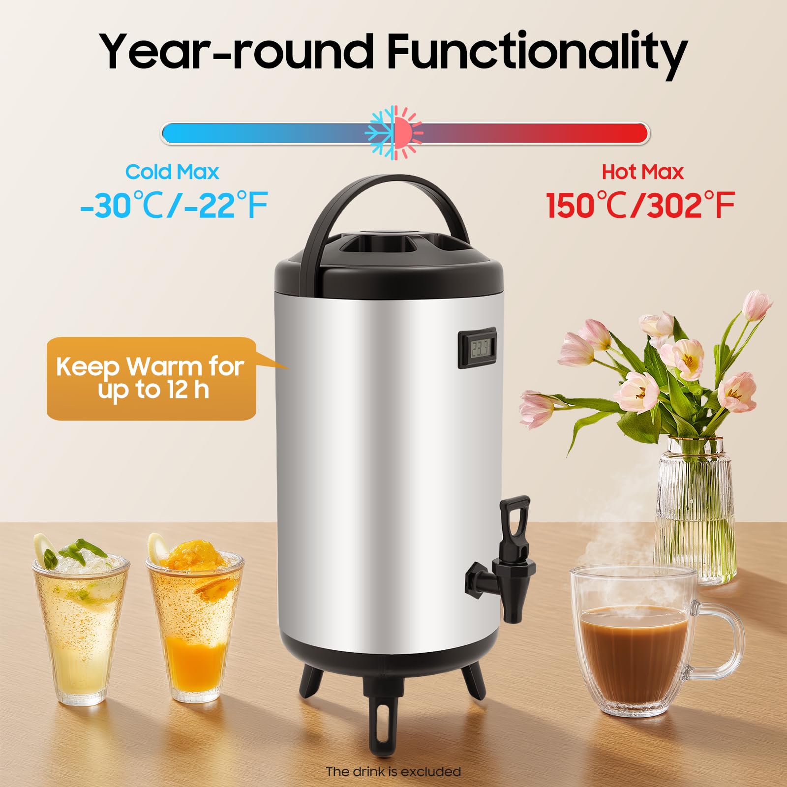Distributore di bevande isolato in acciaio inossidabile 304 con beccuccio per bevande calde e fredde, ideale per caffè, tè, acqua e feste, capacità 6,3 litri