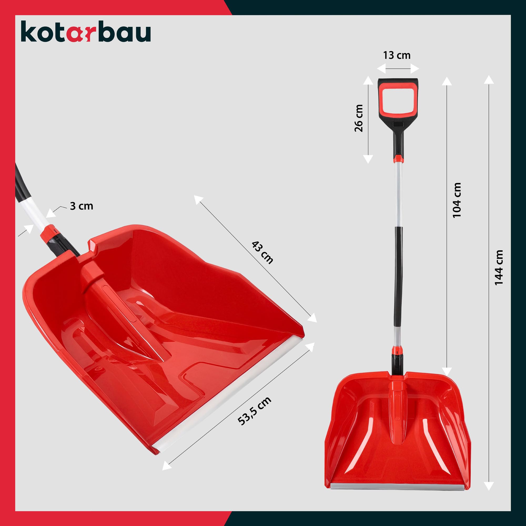 KOTARBAU® Pala da neve in plastica, 40 x 50 cm, con manico ergonomico, 144 cm, colore rosso, con attacco in alluminio, per la neve