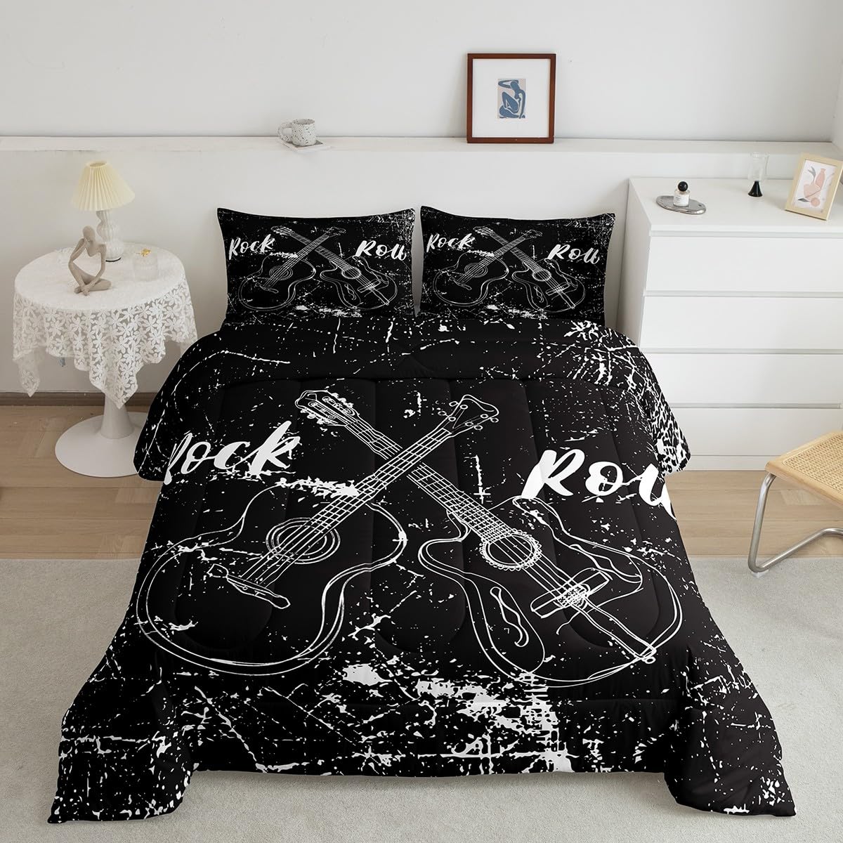 Castle Fairy Rock Roll Music Comforter Sets King Size,Guitar Instrument Bedding Comforters for Kids Boys Teens,Retro Abstract Graffiti Down Alternative with 2 Pillowcases