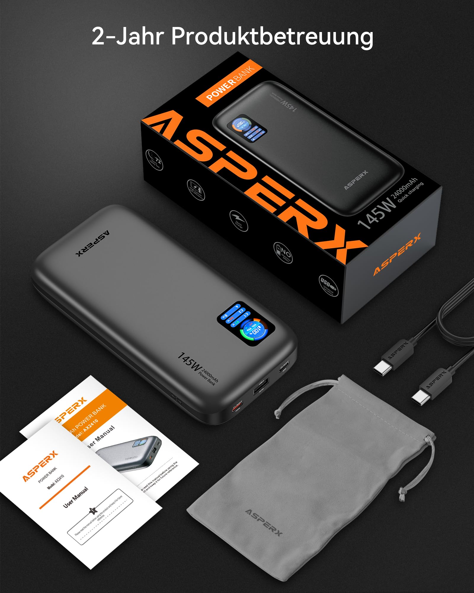 AsperX 100W 24000mAh Powerbank für Laptop MacBook iPad iPhone 17/16/15/14 | Gesamtleistung 145W PD3.1 Schnelllade Power Bank,USB C -Ein und Ausgang,LED Display,Flugzeugtauglich,CCC Zertifiziert