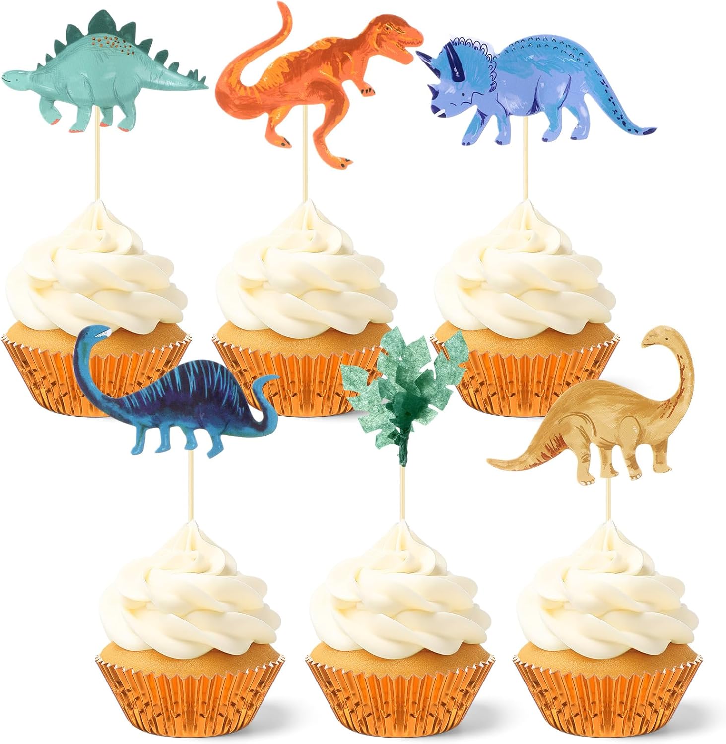 Honeydak 48 Pcs Watercolor Dinosaur Cupcake Toppers Kit 24 Dino Cake Topper Picks and 24 Foil Cupcake Liners Cute Dinosaur Cake Decoration for Jurassic Dino Theme Baby Shower Birthday Party Decor