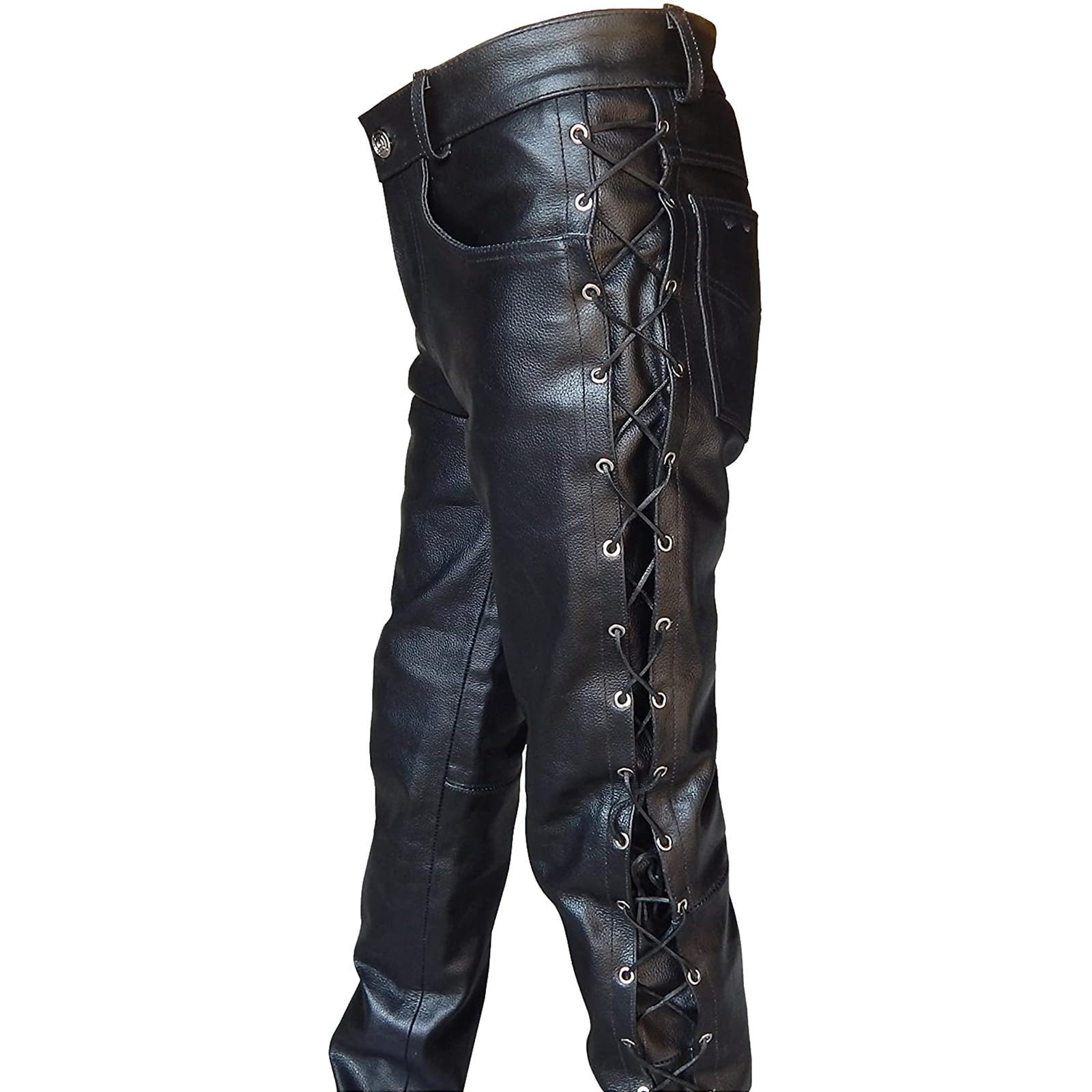 Schnürlederhose mit seitlich Schnürung- Biker Lederhose Herren Damen Bikerjeans -Schnür Lederjeans Motorrad Schnürjeans Schnürhose Leder Schwarz Motorradhose - Bikerhose