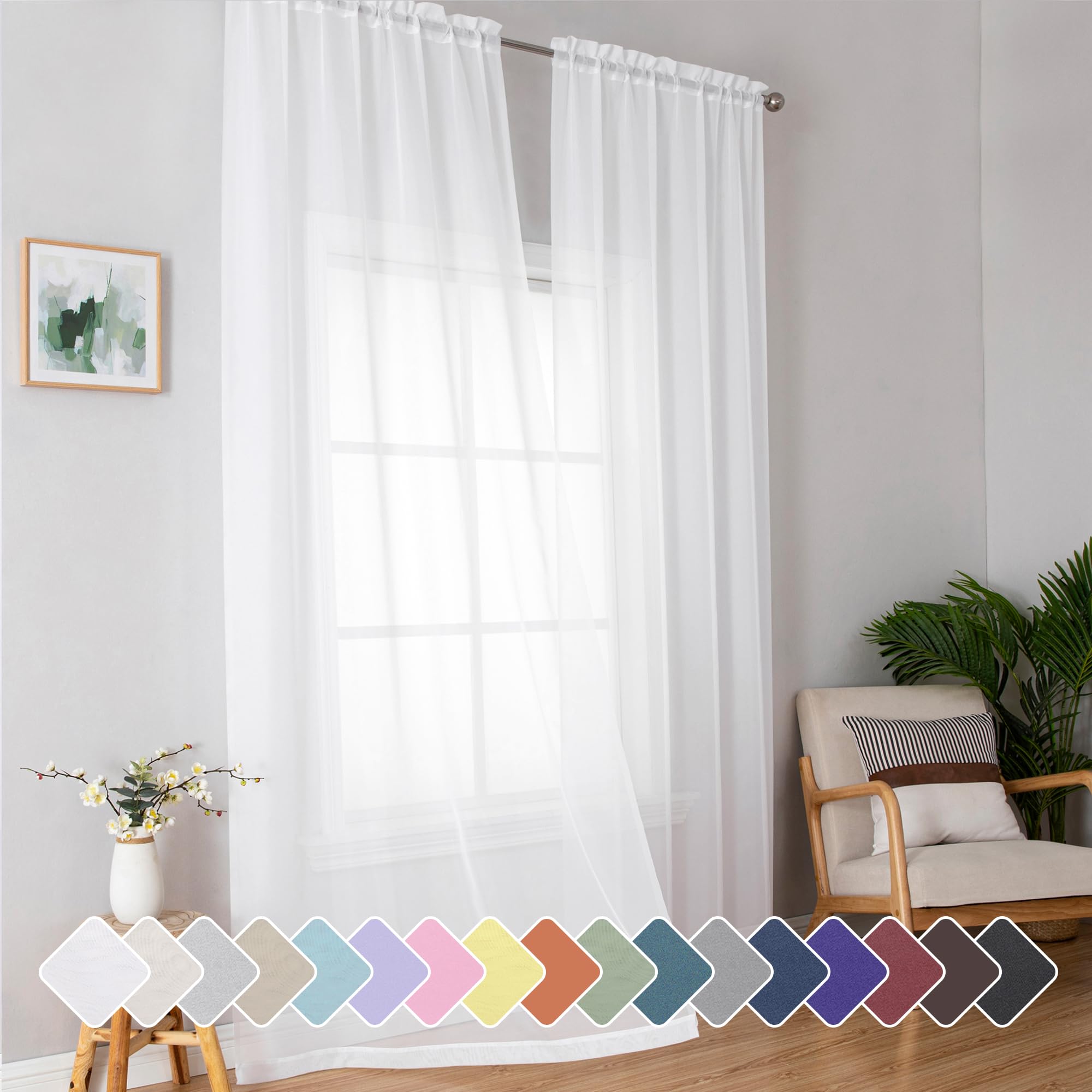 Simplebrand Sheer White Curtains 96 Inches Long 2 Panels for Living Room