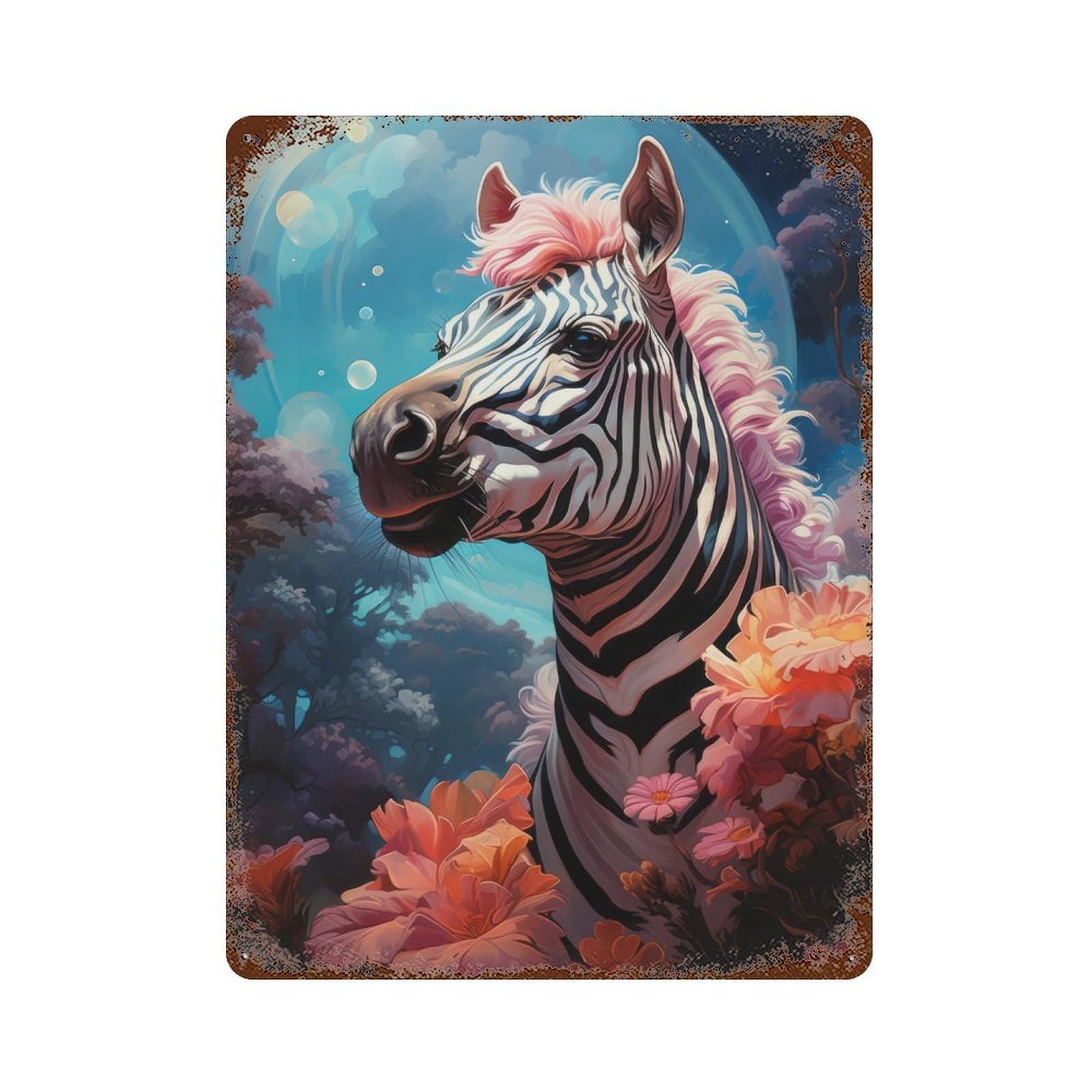 Magical Zebra in Fantasy Forest Rust Effect Tin Sign 15.7"x11.8", Vintage Wall Decor for Pub, Kitchen And Man Cave Decor
