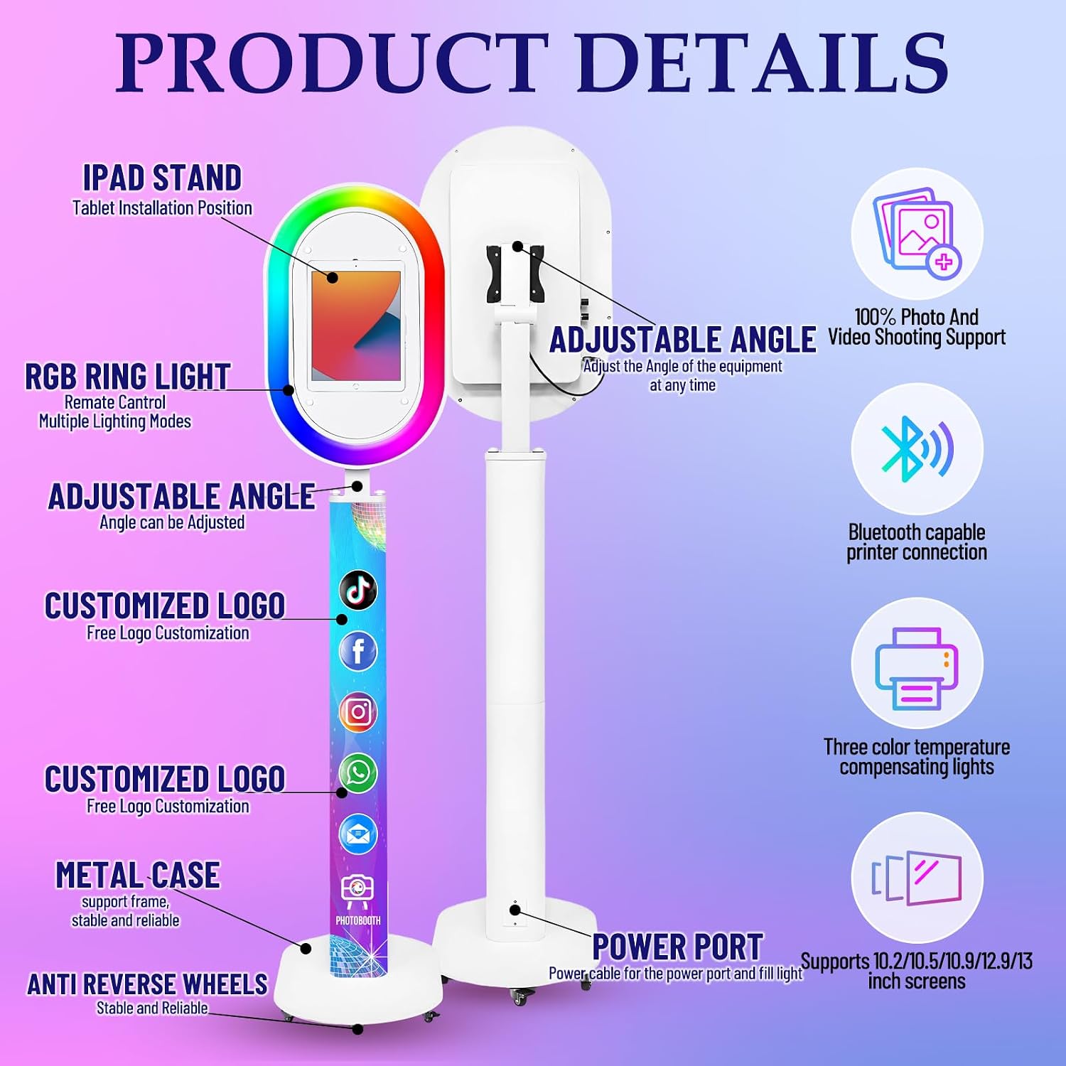 Portable Photo Booth for iPad 10.2" 10.5" 10.9" 11" 12.9" 13" Photobooth Machine Metal Shell Selfie Station RGB Ring Light Custom Logo for Parties Wedding Rental