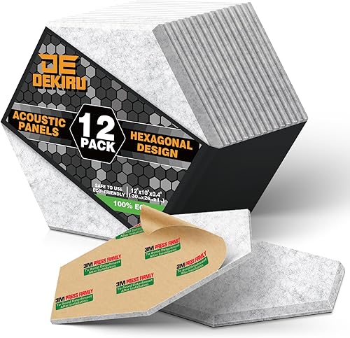 DEKIRU Paquete de 12 paneles acústicos, paneles de espuma a prueba de sonido, hexagonales, autoadhesivos, de 12 x 10 x 0.4 pulgadas, resistentes al