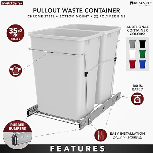 Miniatura 2 de Rev-A-Shelf Bote de basura doble extraíble para debajo de armarios de cocina, 35 cuartos de galón y 12 galones en toboganes de extensión completa,