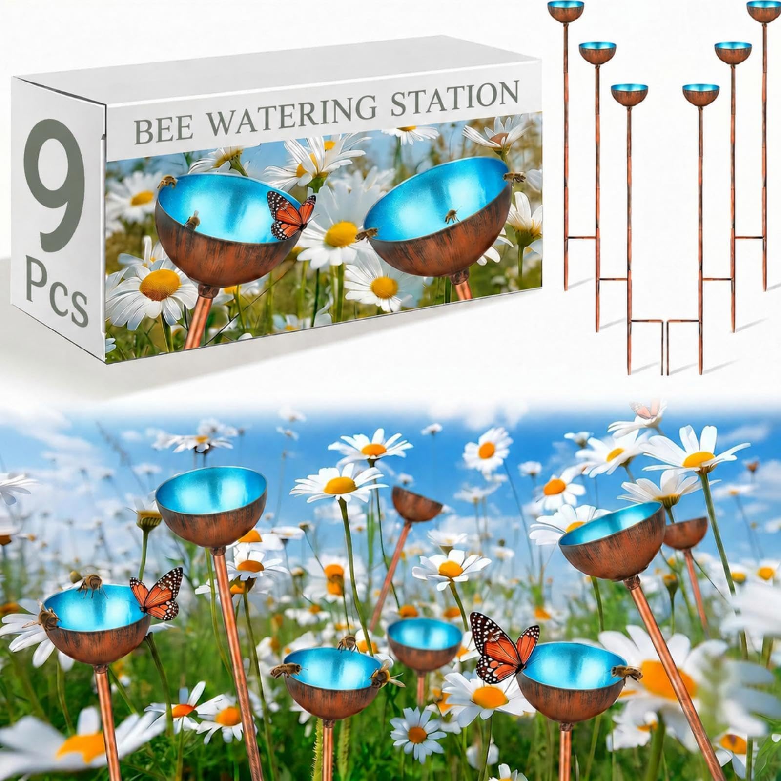 Teenyyou 9 Pcs Bee Watering Station for Garden Metal Watering Cup, Blue