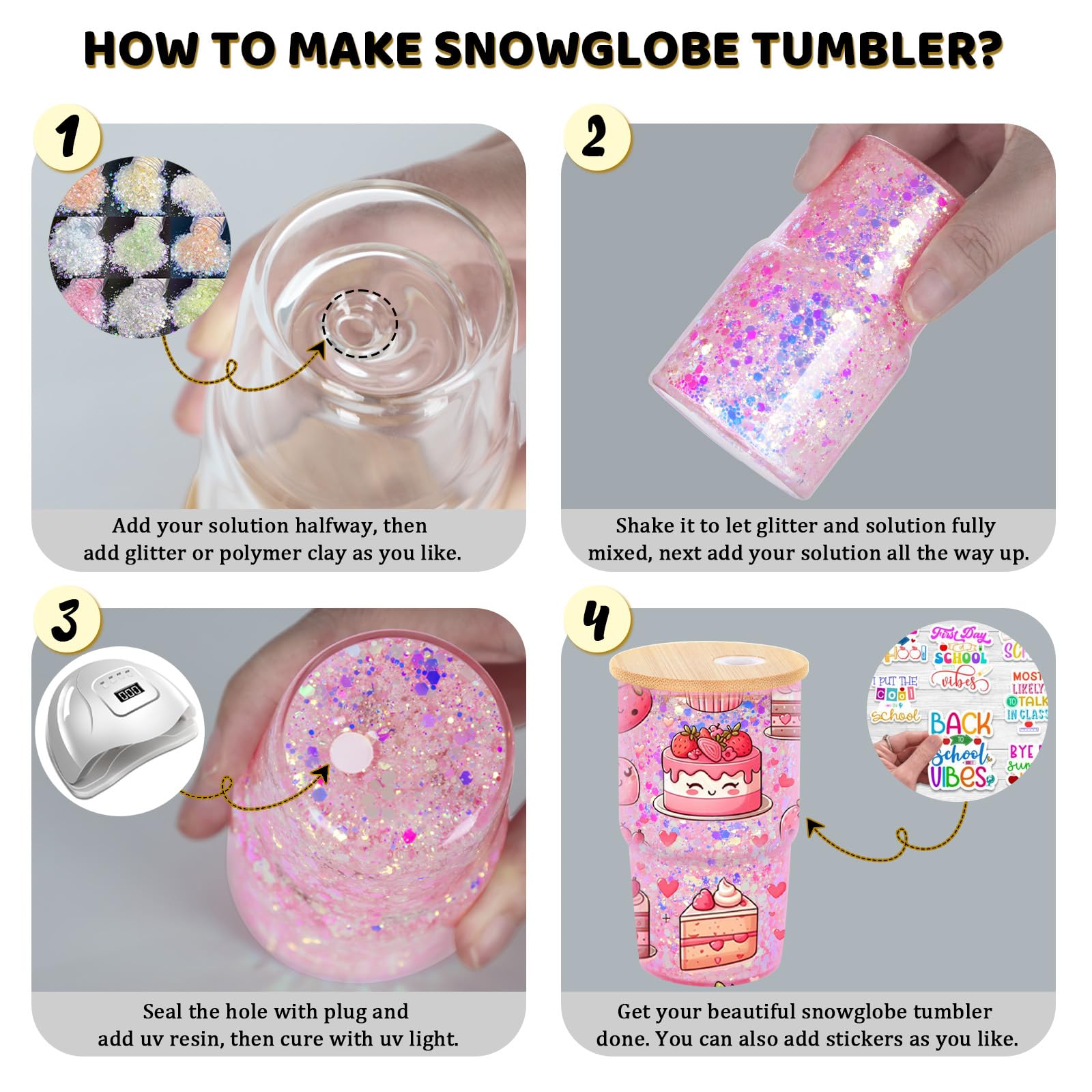 Zhehao DIY Schneekugel-Becher Set – 4 Gläser 473 Ml, Glitzer, Werkzeuge, Zum Selbstbefüllen & Gestalten
