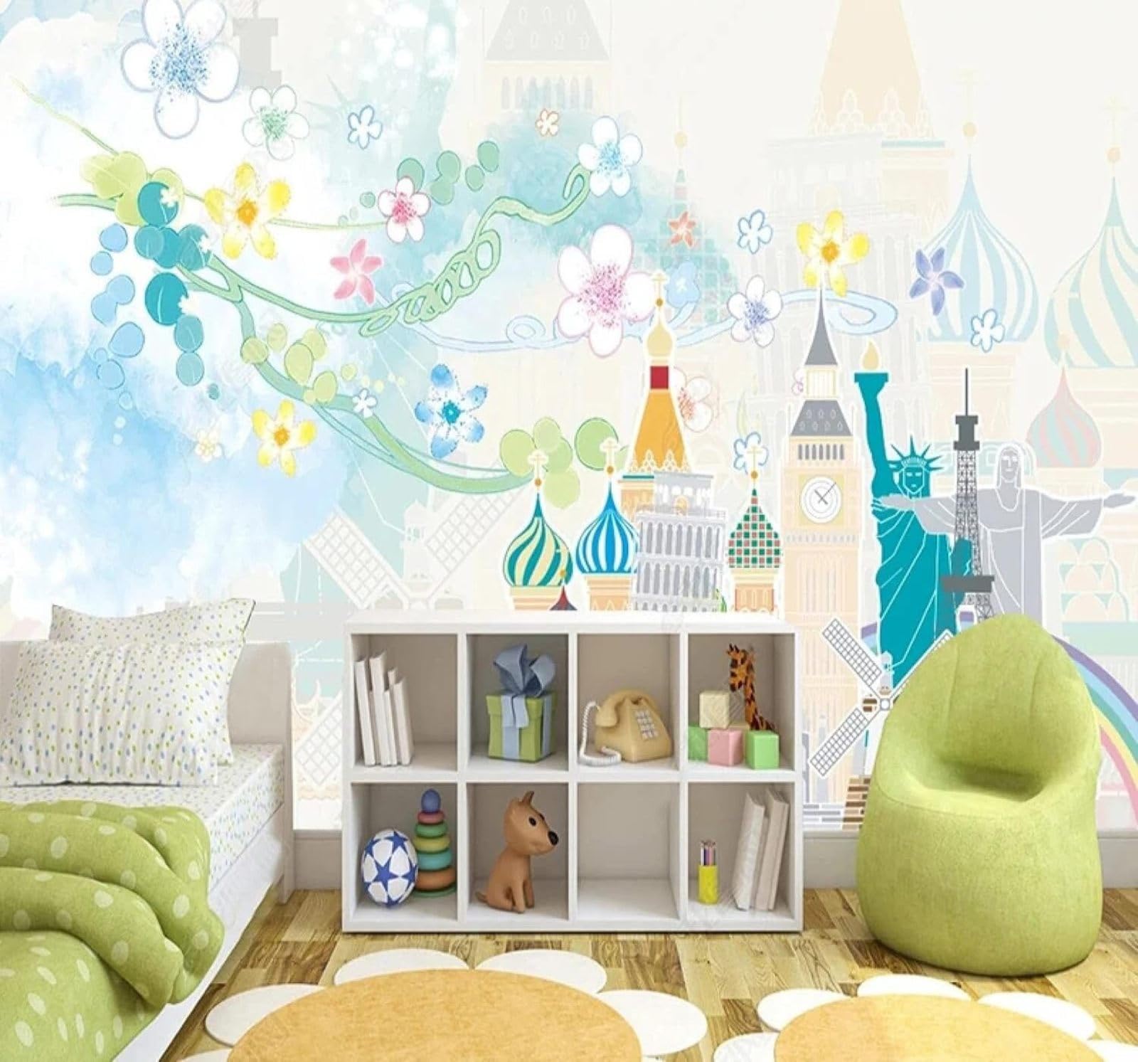 XLMING Warm Hand Drawn Cartoon Flowers Architecture 3D Wallpaper Luxury Home Dining Decor Paste Sofa Living Room The Wall for Bedroom Mural-150cm×105cm