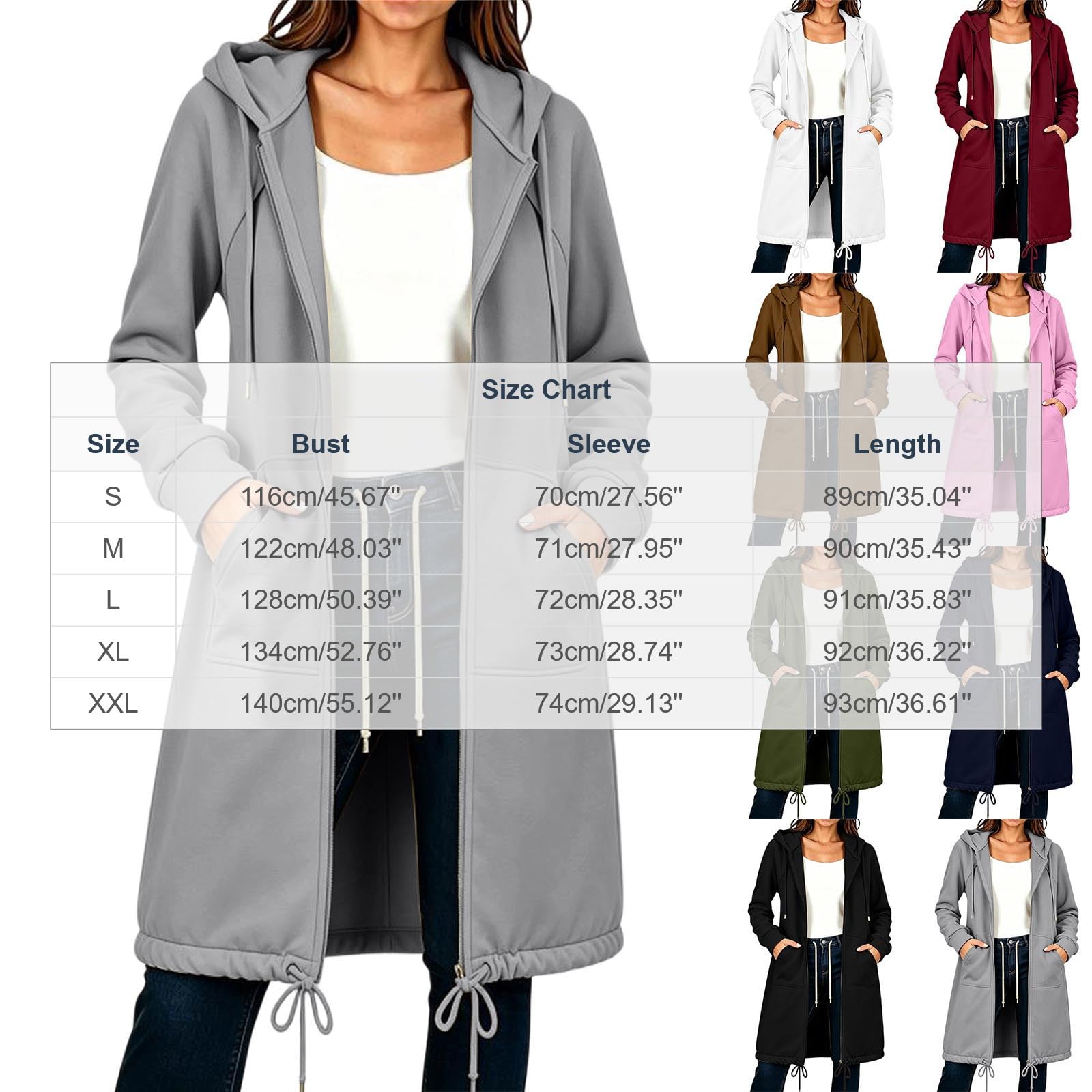 Veste Sweat Femme Longue Zippée à Capuche avec Cordon et Taille Réglable