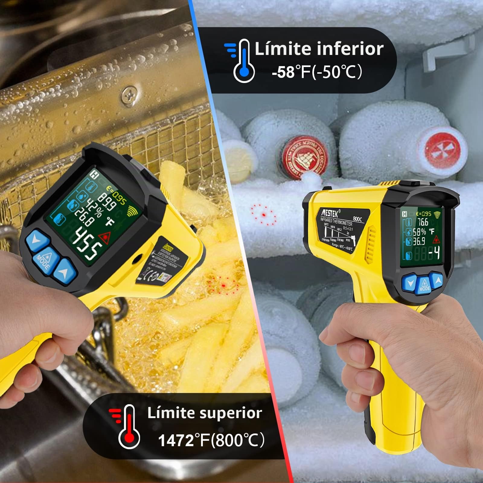 Termómetro Infrarrojo MESTEK -50°C~800°C Pistola Temperatura Laser Sin Contacto Pantalla LCD Color Ajuste Emisividad