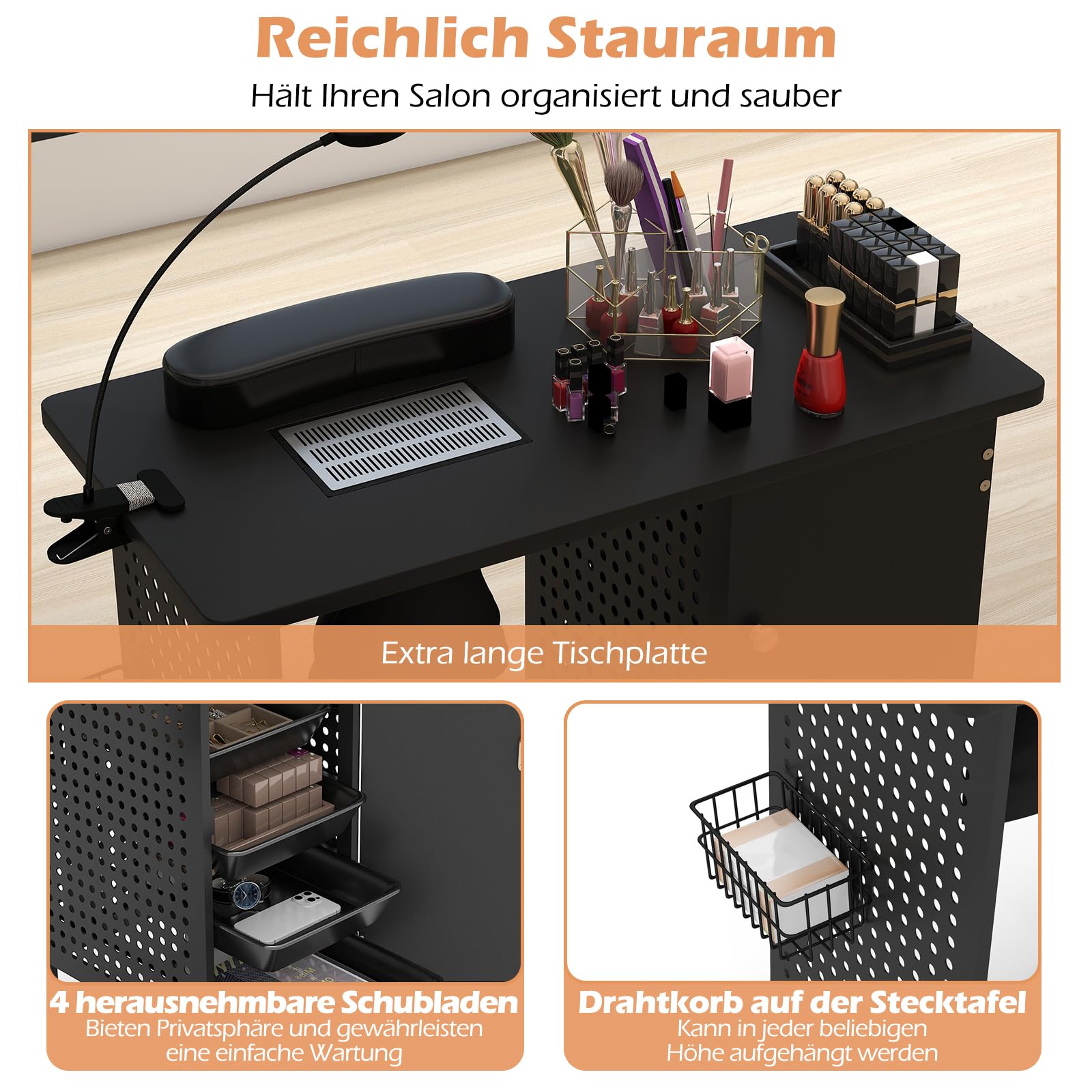 GOPLUS Nageltisch mit 6 Rollen, Maniküre Tisch mit Staubbeuteln & Verstellbares Licht mit Clip & Abnehmbarer Kasten & Metallkorb & Tür & 4 Schubladen, Nagelfrisiertisch, 90 x 45 x 78,5 cm