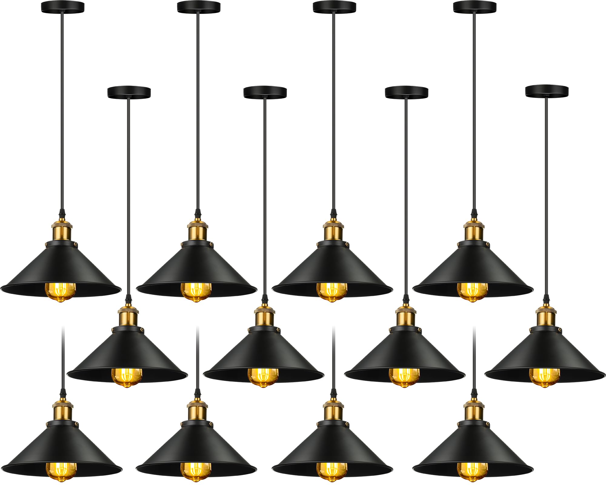 Retisee 12 Pcs Industrial Pendant Light Vintage Metal E26 Base Hanging Light Rustic Black Dome Pendant Lamp Fixture Farmhouse Kitchen Hanging Ceiling Lamp for Dining Room Bedroom Hallway Bar