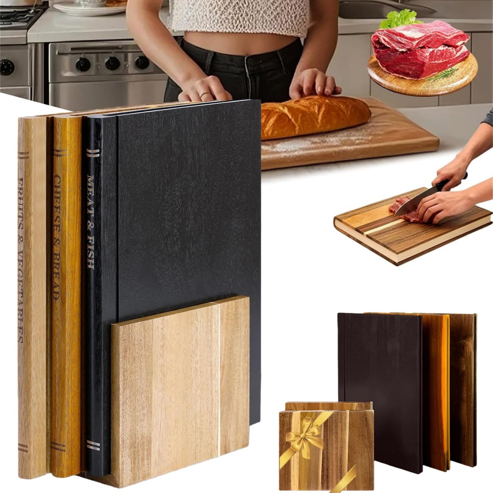 Photo 1 of Book Cutting Board Set Wooden Cutting Board Library With Stand Book Cutting Board Set That Look Like Books,Set Of 4 Solid Wood Cutting Board for Cooking(SETS,4 PCS)