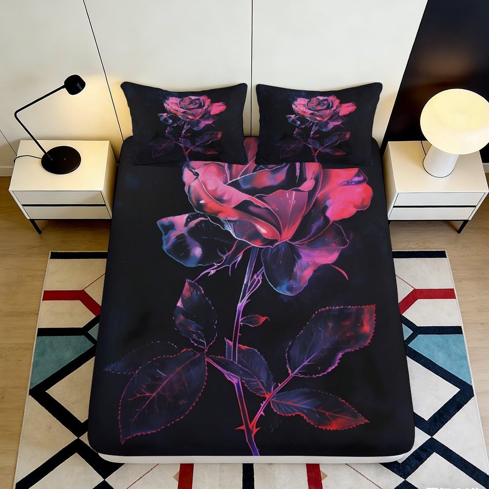 3D Printed Neon Rose Fitted Sheet Microfiber Soft Decor Artistic Floral Bed Cover for Bedroom Guest Room 90x200x25cm