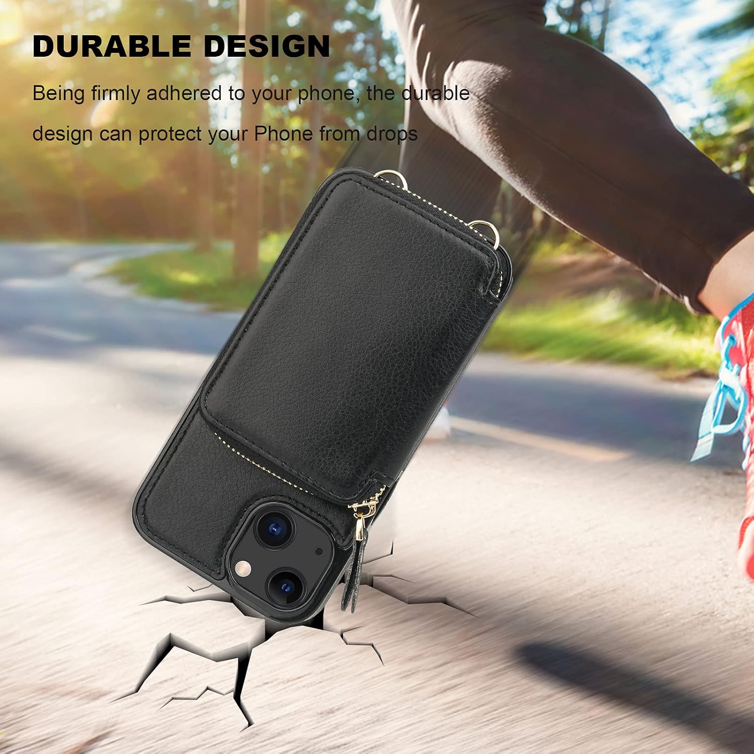 Bocasal RFID Blocking Wallet Case for iPhone 14 iPhone 13, Adjustable Crossbody Zipper Purse Case Card Holder with Kickstand Detachable Wrist Strap, PU Leather Flip Folio Case 6.1 Inch 5G (Black) - Image 8