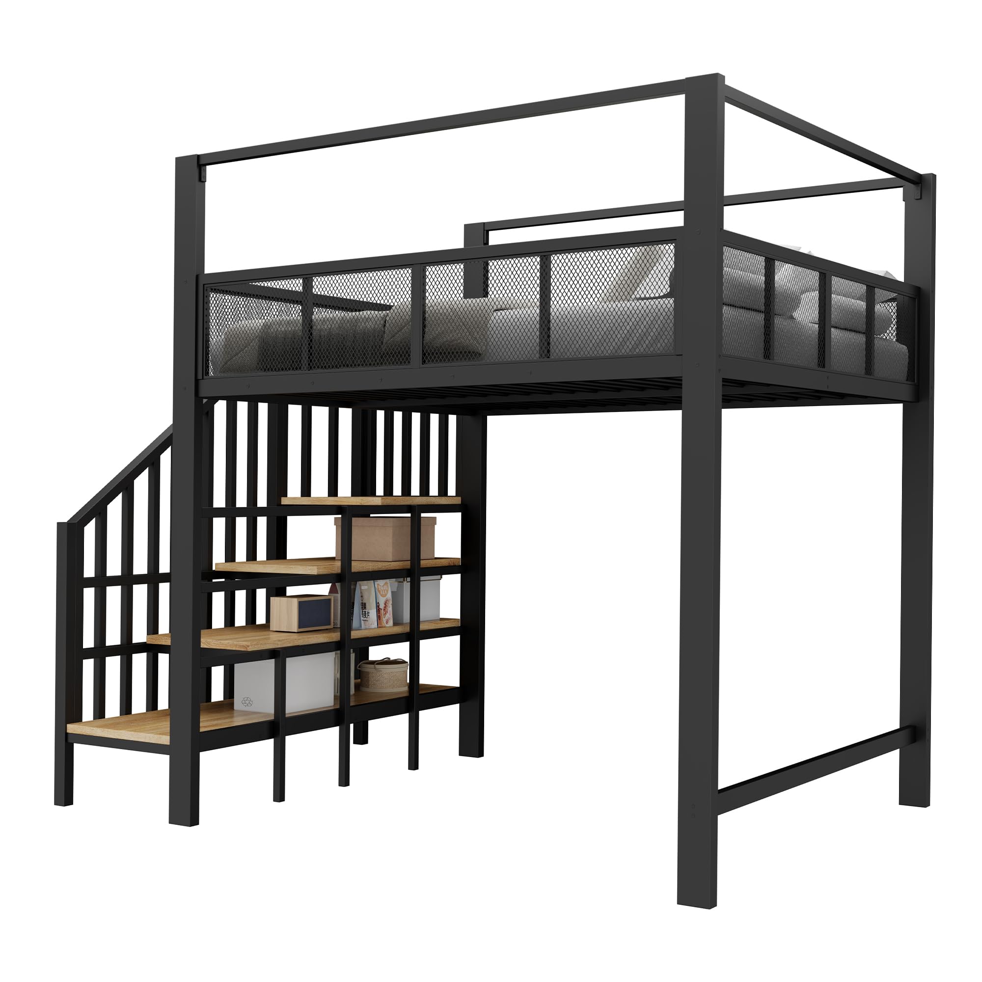 Idemon Letto a soppalco in metallo, 90 x 200 cm, nero, baldacchino, scala di sicurezza, piano di lavoro inferiore, gradini, letto a castello singolo