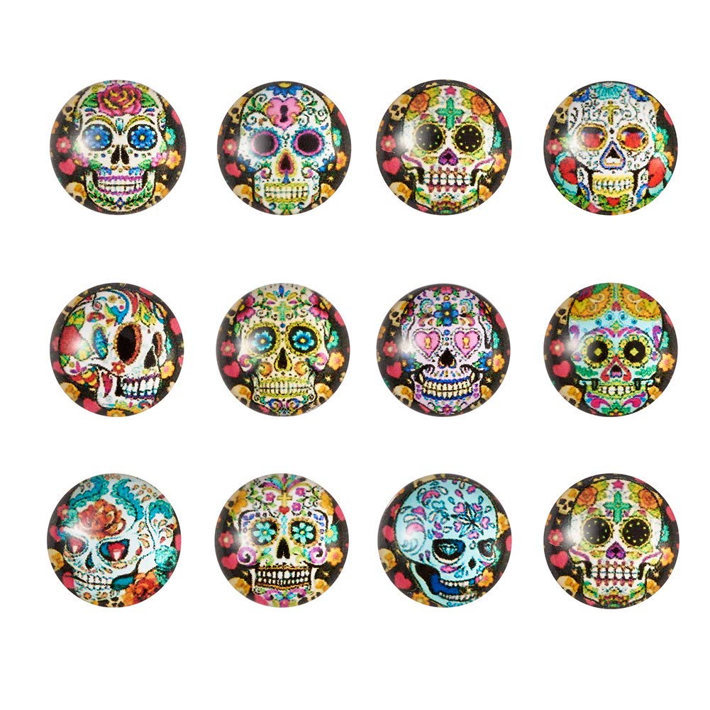 Beadthoven 12mm 20pcs Mixed Color Skull Print Flatback Half Round Dome Glass Gem Cover Cabochon for Jewelry Finding Cameo Pendent Doll Making Circle Bezel Tray Setting