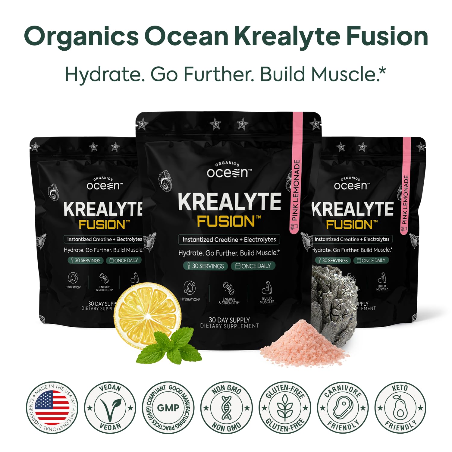 Organics Ocean Krealyte Fusion - Instantized Creatine Monohydrate Powder with Electrolytes - Muscle Strength, Endurance & Hydration Support - Vegan, Sugar-Free, Pink Lemonade Flavor - 30 Servings — Amazon image 7