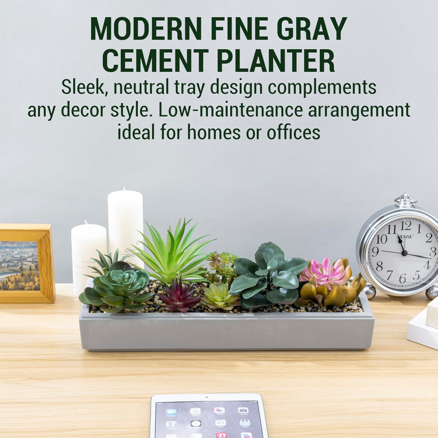 MyGift 15 Inch Mixed Color Assorted Artificial Succulent Plant Arrangement in Modern Gray Clay Planter Tray - Image 3