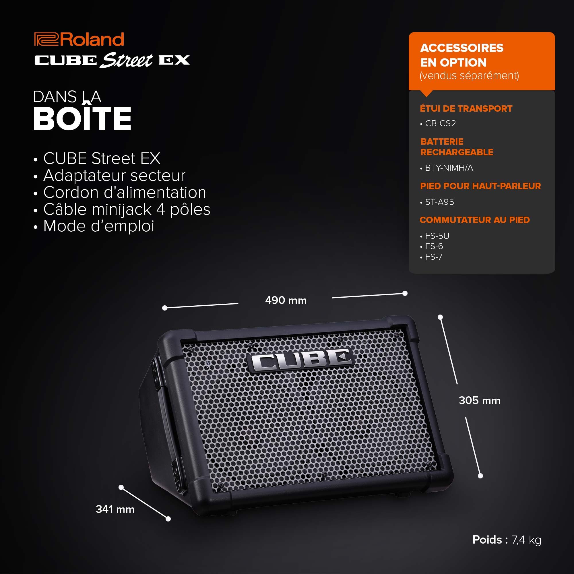 Roland Cube Street EX | Ampli stéréo 50 W alimenté par Piles | Son Clair et Dynamique | Idéal pour Jouer en Plein air | pour micros, Instruments & lecteurs Audio | Sons COSM pour Guitares électriques