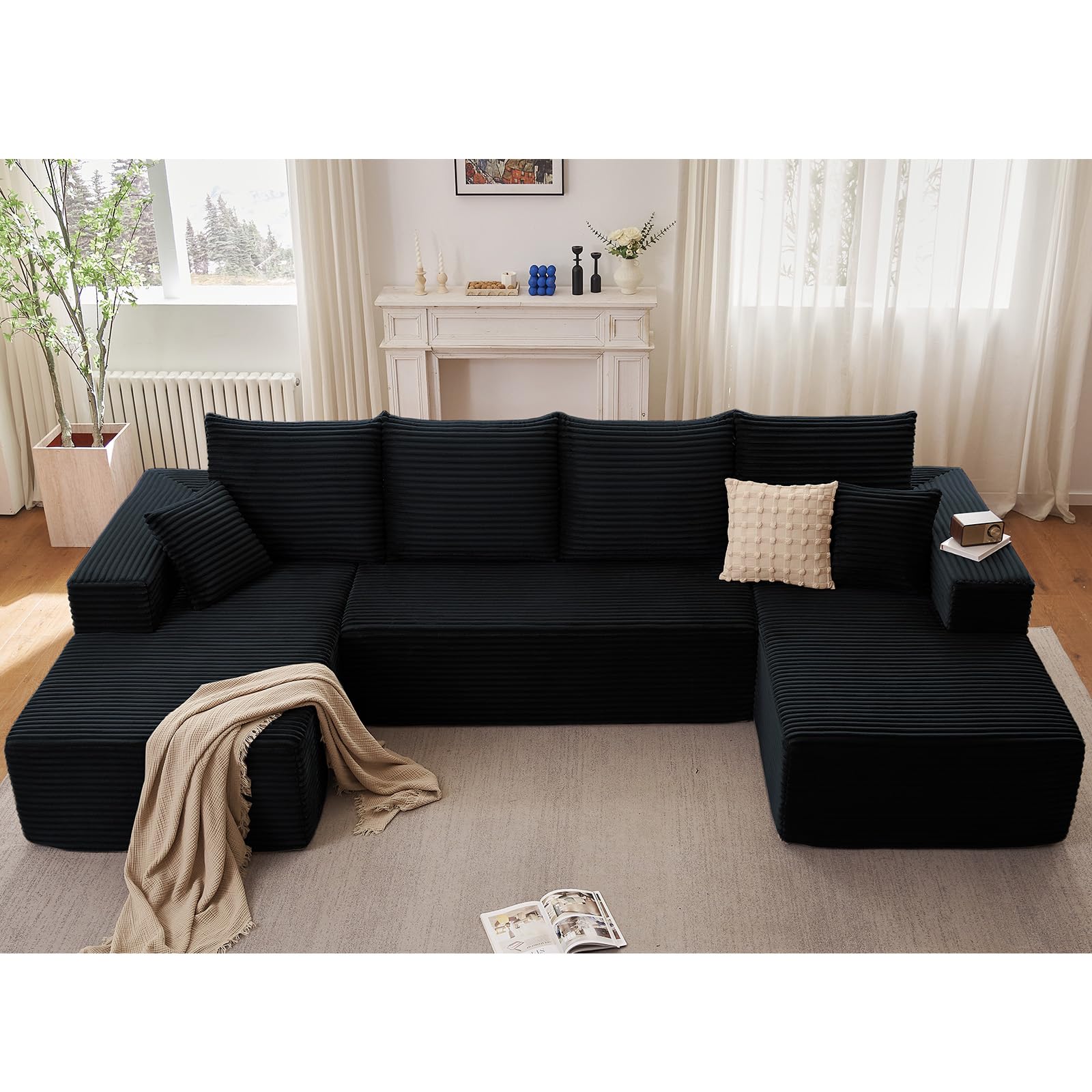 Sectional Cloud Couch for Living Room, Stupendous U Shaped Sofas, Modular Floor Deep-Seat Sofa, Big Comfy Corduroy Couches Set with Fluffy Memory Foam, No Assembly Required, Black