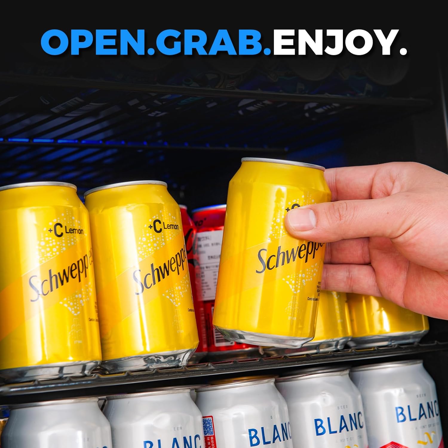 Under Counter Beverage Refrigerator 4.0 Cu.Ft, Glass Door Drink Fridge with Blue LED Light and Adjustable Temperature for Soda, Beer and Cans, Compact Mini Bar for Kitchen and Office