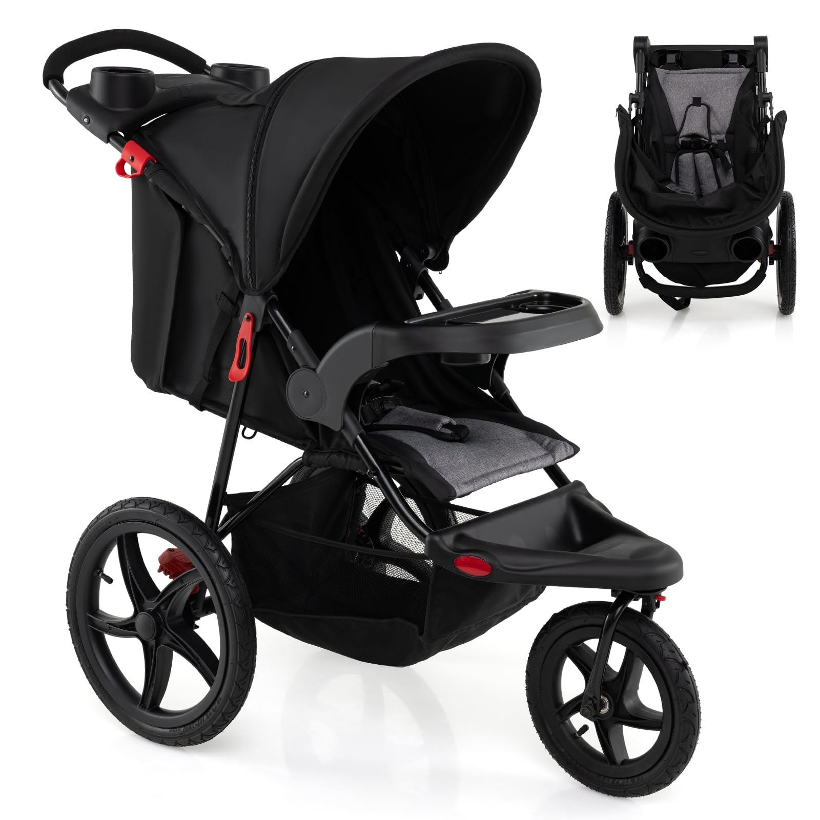 COSTWAY Poussette Canne Bébé avec Capote Réglable & Siège Inclinable, Poussette Bébé Pliable 3 Roues avec Plateau Amovible & Porte-gobelets, Sac de Rangement, Pneus en Caoutchouc, 0-4 Ans, 0-22 kg