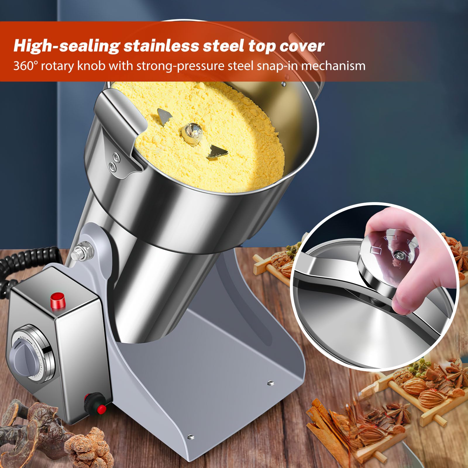 Moulin à Grains Électrique Haute Vitesse 3500W, Broyeur Multifonctionnel Puissant en Acier Inoxydable pour Épices, Céréales, Café et Herbes (800g)