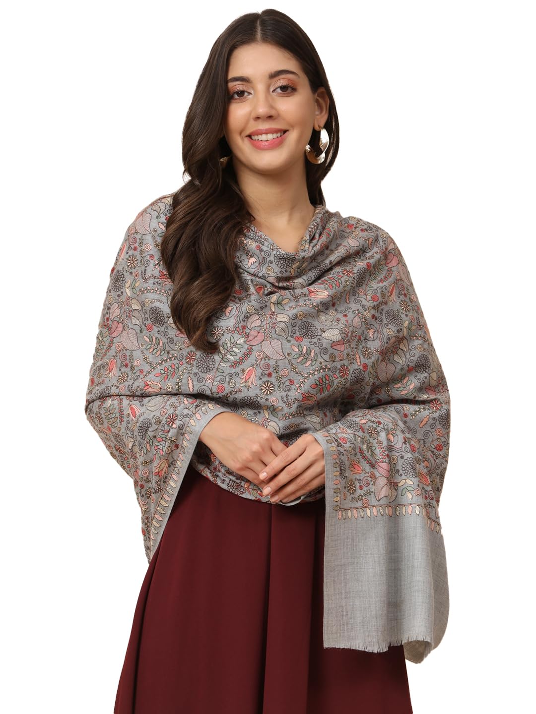 Women 100% Pure Wool Sozni Hand Embroidered Shawl, Stole and Wrap, Luxury Pashmina Evening Wrap(Size 101X203 CM)-image-14