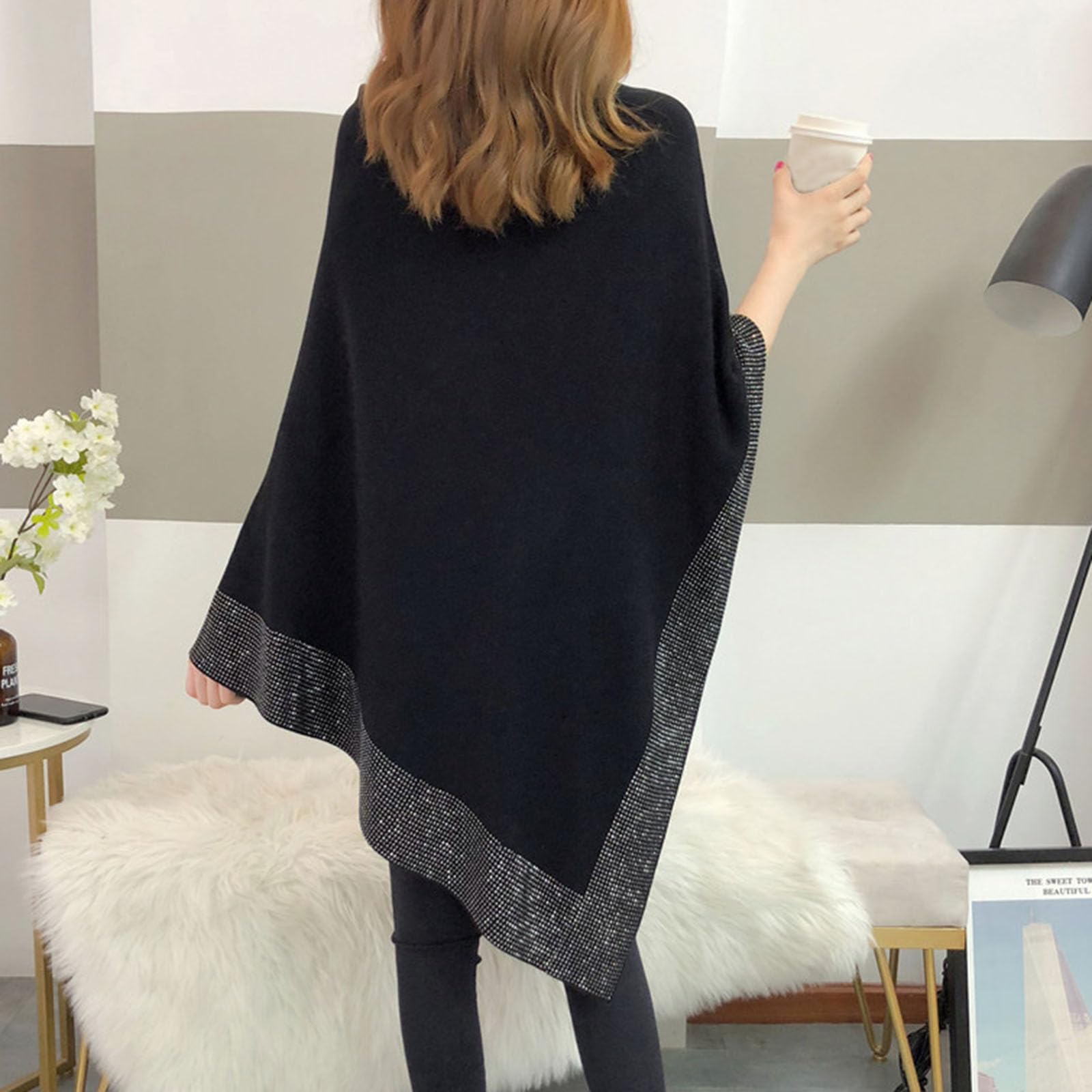 Genérico Chal de lana brillante para mujer, chal irregular con diamantes de imitación, elegante poncho de punto para mujer