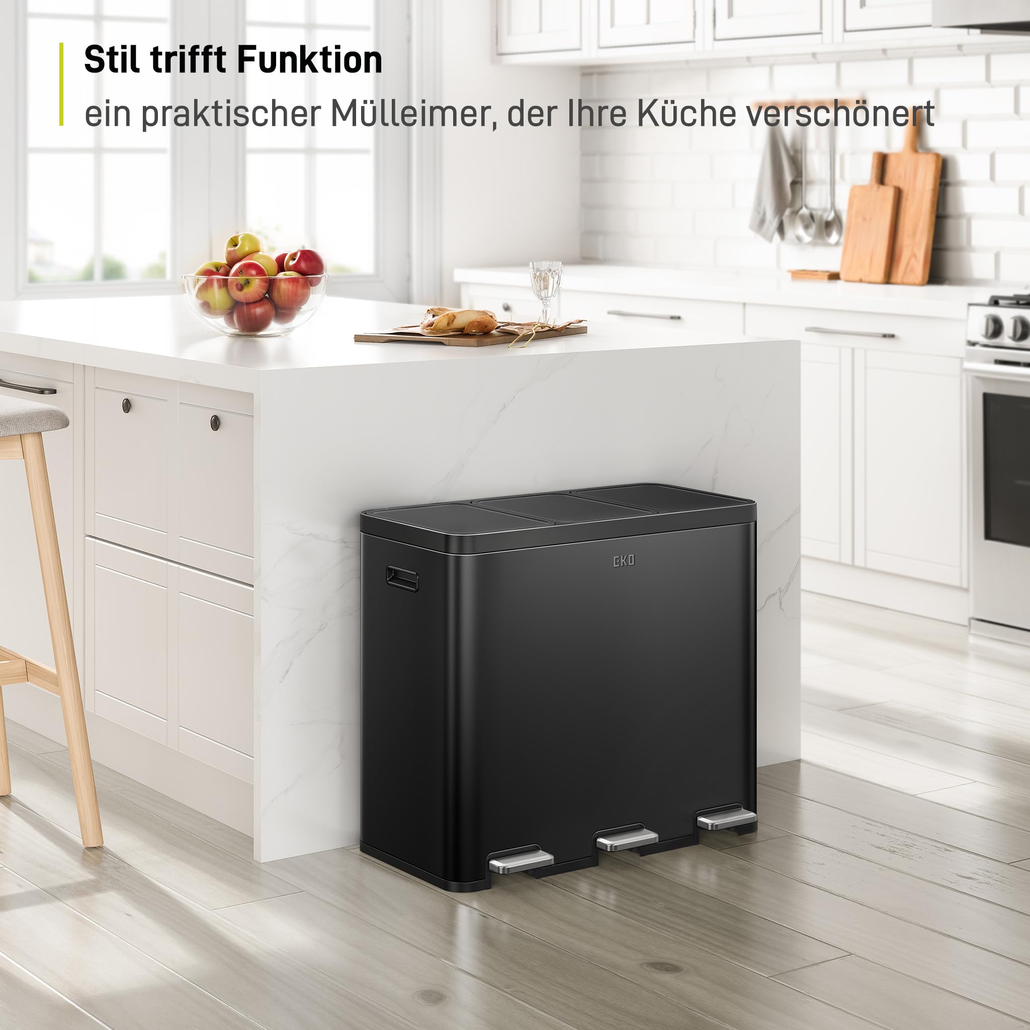 EKO Essential Mülleimer 3 Fächer, 3 x 20 Liter, Mülltrennsystem Küchentretmülleimer, inklusive 20 Müllsäcke, Großraum Abfalleimer mit Deckel, sanftem Schließen und luftdicht, Mattschwarz Edelstahl