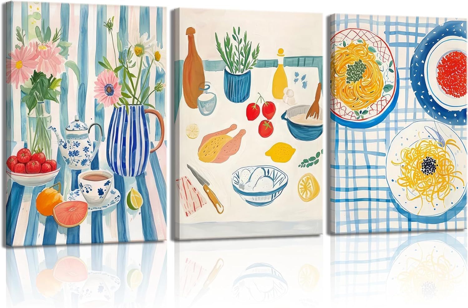 3pcs Blue Striped Dining Room Food Wall Art Funky Kitchen Wall Decor Pictures Vintage Kitchen Plant Posters Prints Pasta Night Painting for Dining Room Kitchen Home Decoration 12x16in Framed